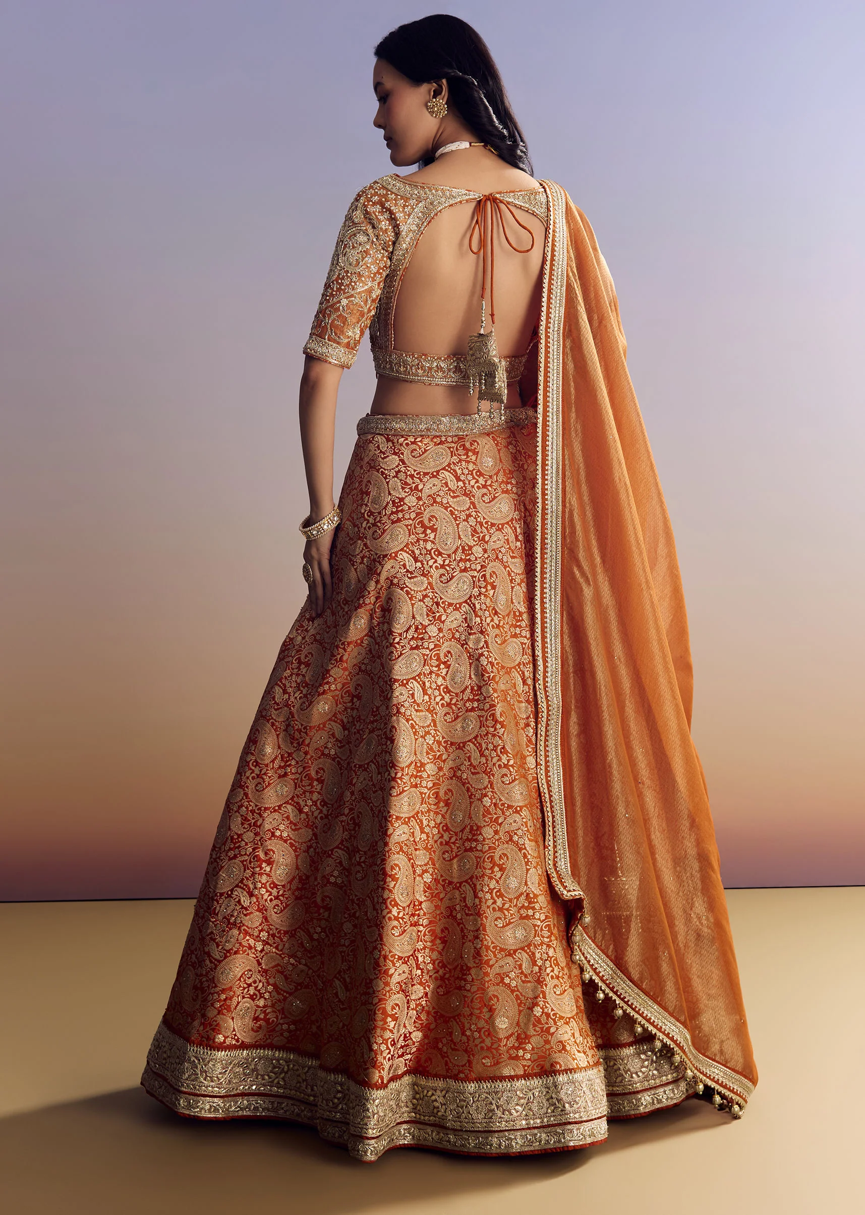 Orange Banarasi Lehenga With Embroidered Choli And Dupatta - Image 5
