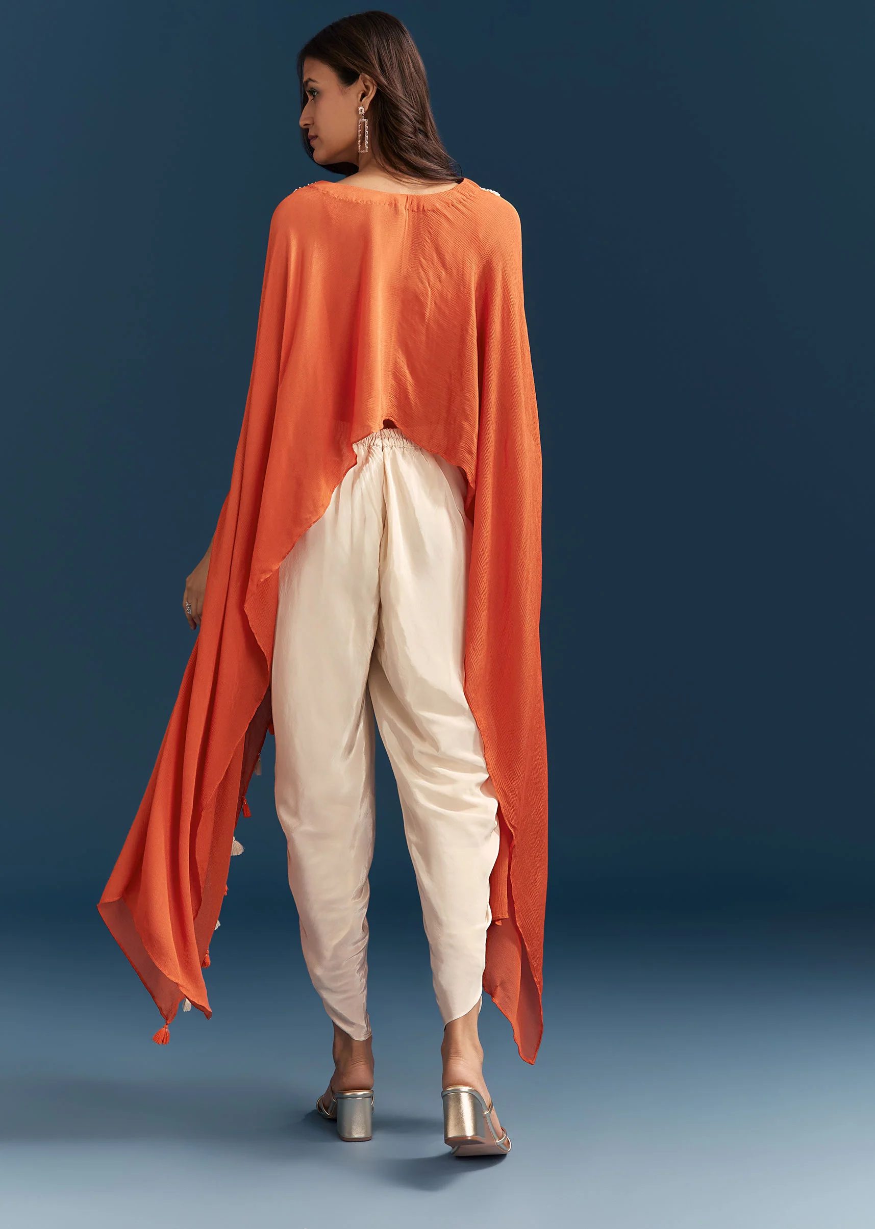 Orange Cape Crop Top Dhoti Set With Moti And Cut Dana Embroidery - Image 6