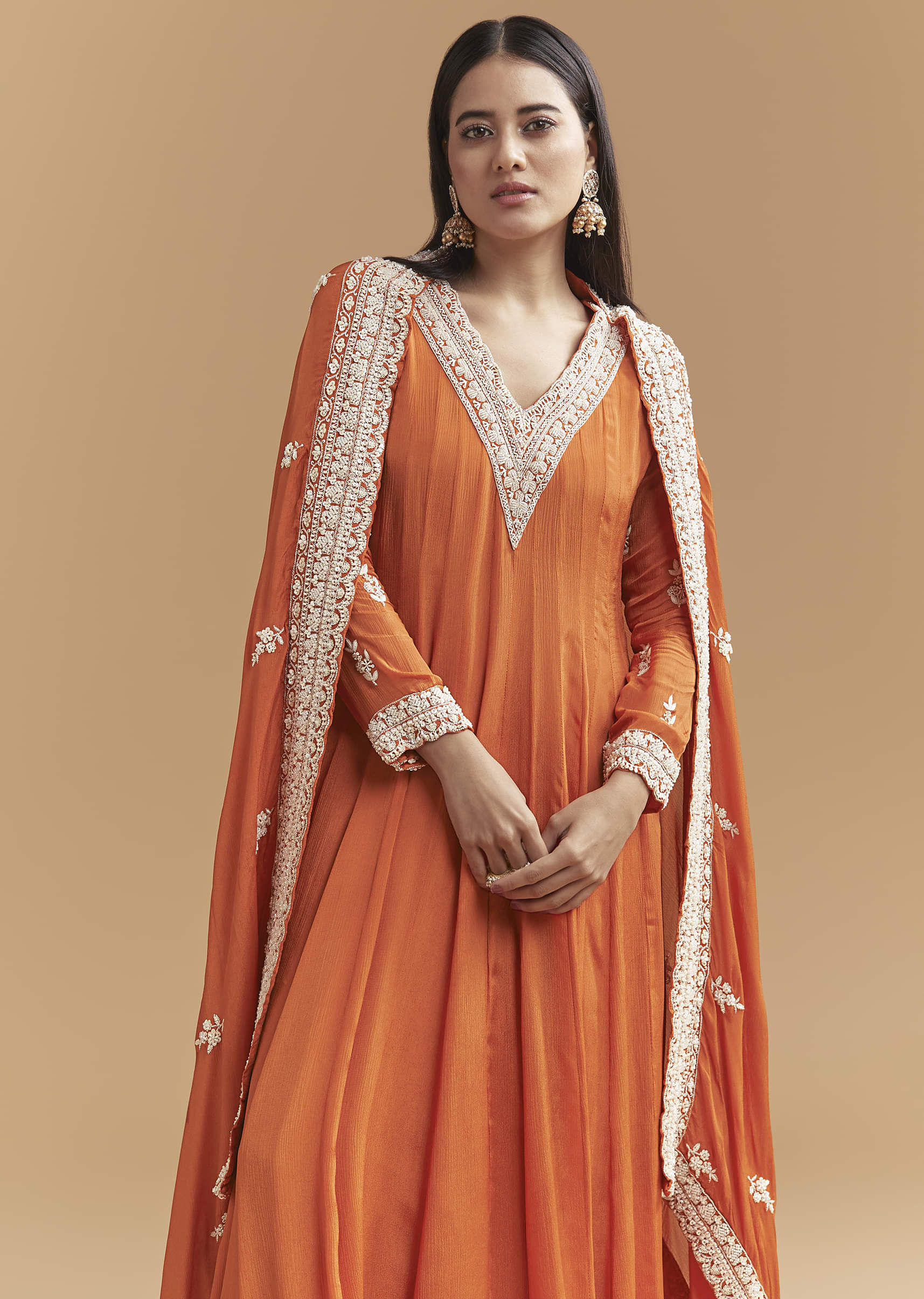 Orange Chinon Anarkali Suit With Intricate Hand Embroidery - Image 4