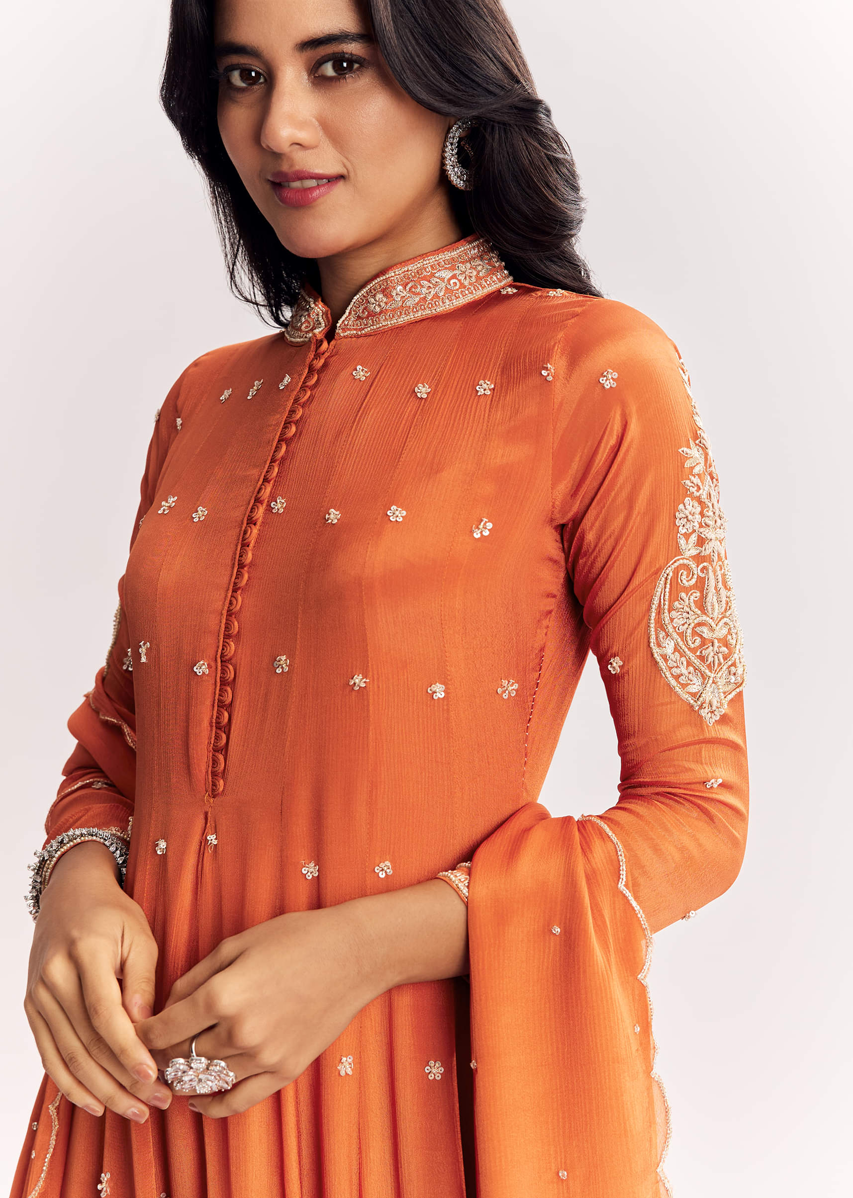 Orange Chinon Anarkali Suit With Moti Sequins And Cutdana Dupatta - Image 2
