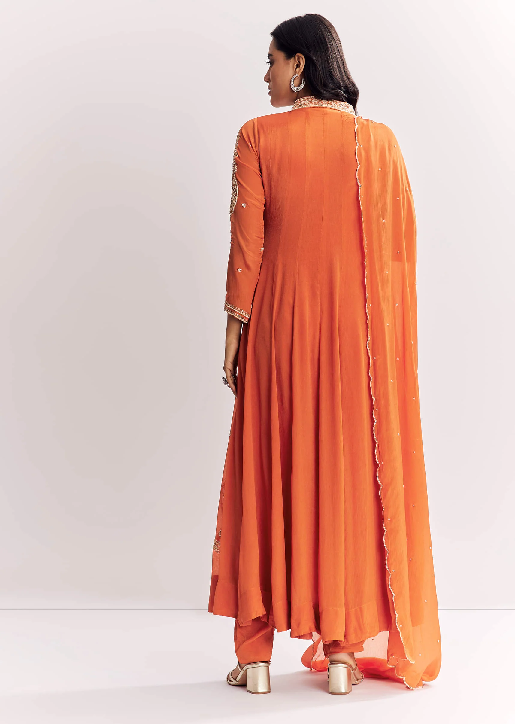 Orange Chinon Anarkali Suit With Moti Sequins And Cutdana Dupatta - Image 5
