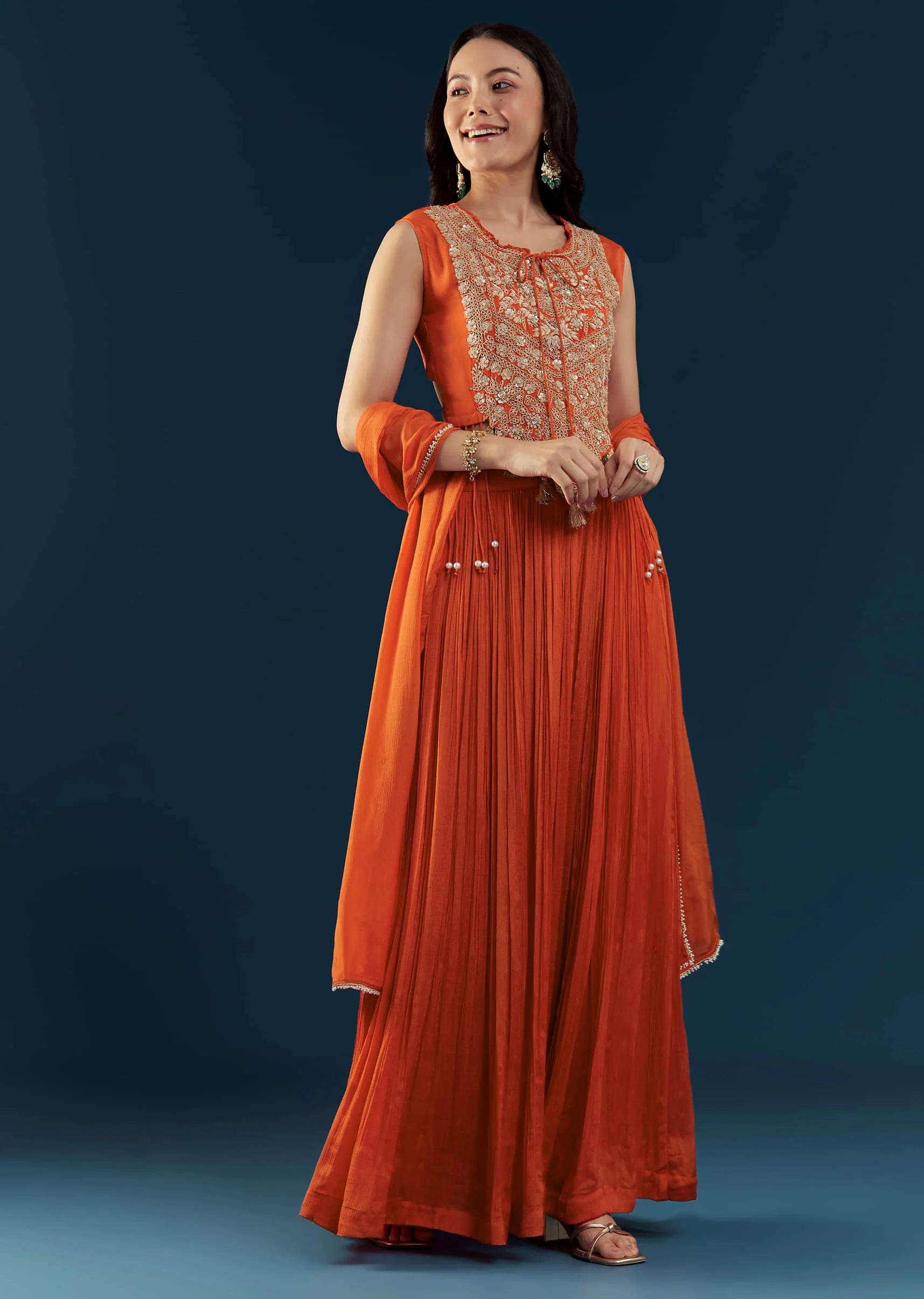 Orange Chinon Crop Top Skirt Set with Zardozi Work - Image 3