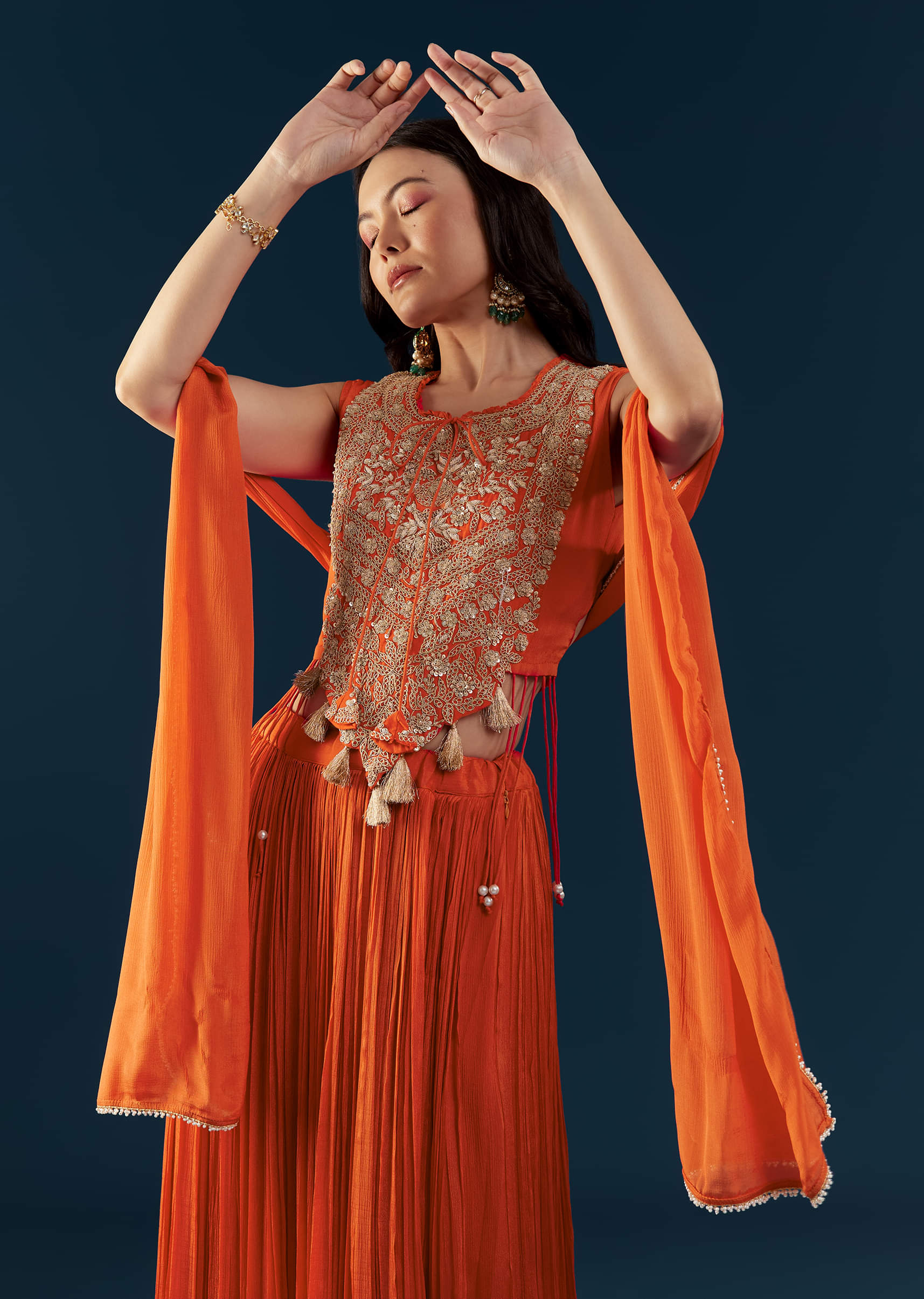Orange Chinon Crop Top Skirt Set with Zardozi Work - Image 4