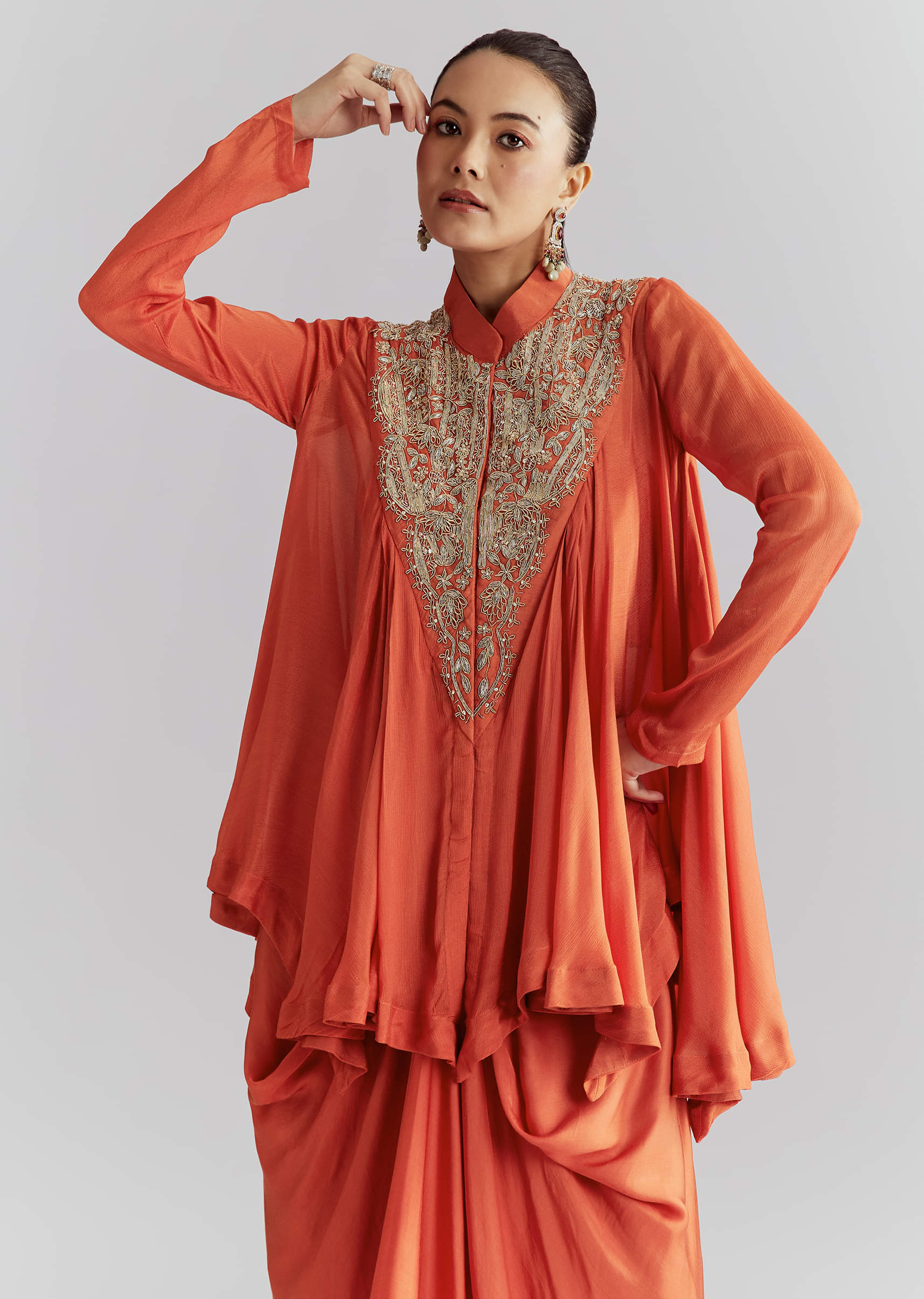 Orange Chinon Indo Western Set With Zardosi Work - Image 4