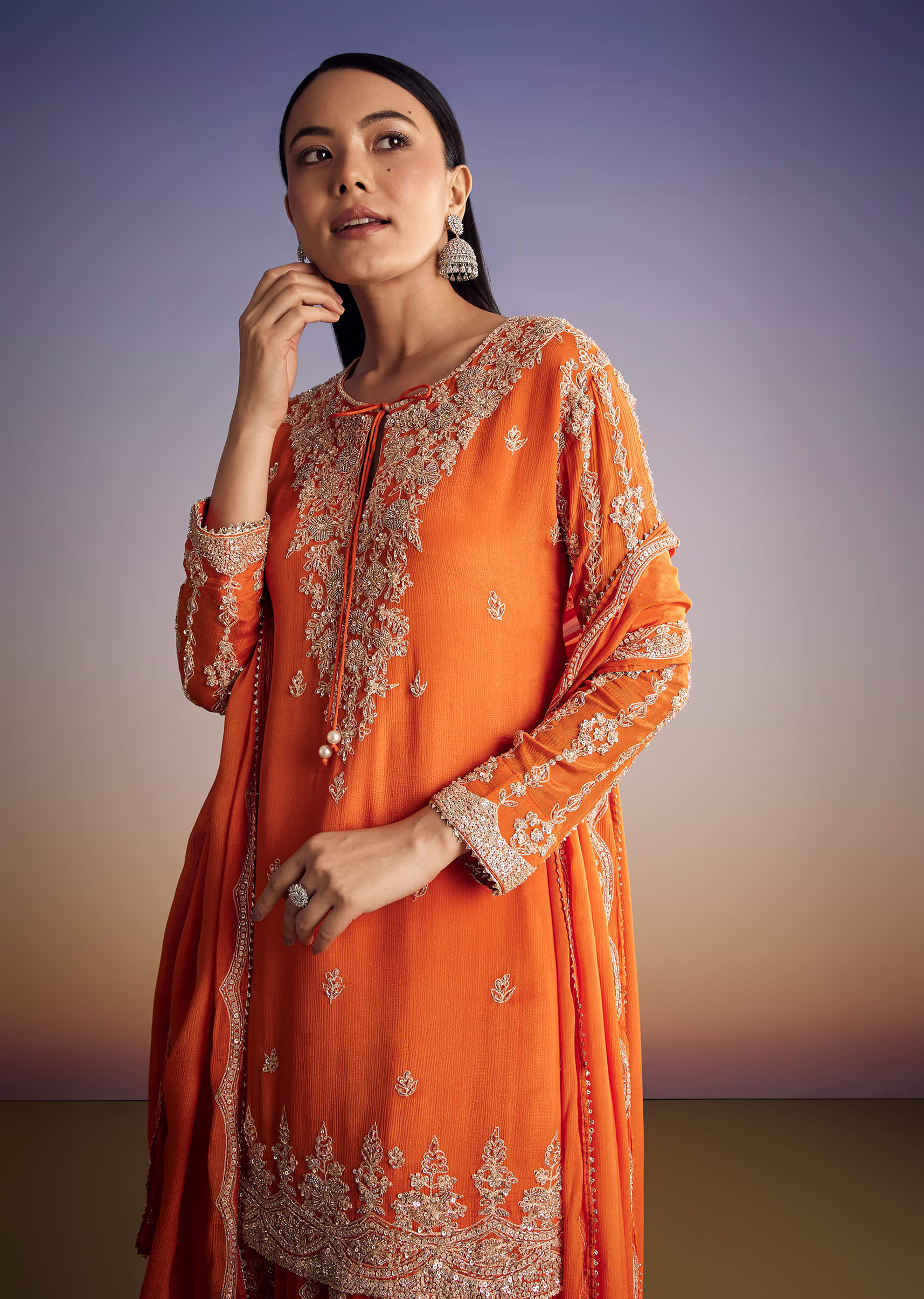 Orange Chinon Kurta Palazzo Set With Cutdana And Beads Work - Image 4