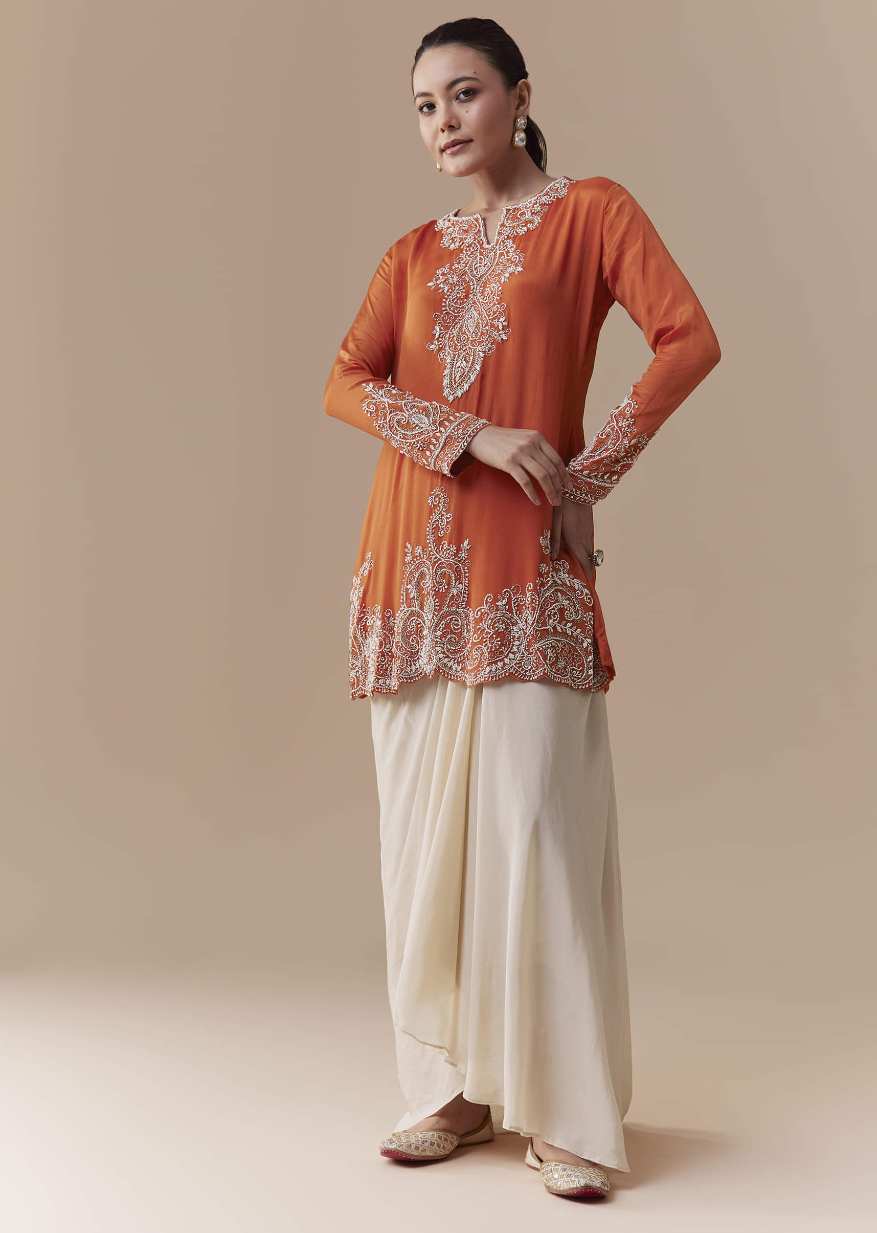 Orange Chinon Kurta Skirt Set with Moti Work - Image 3