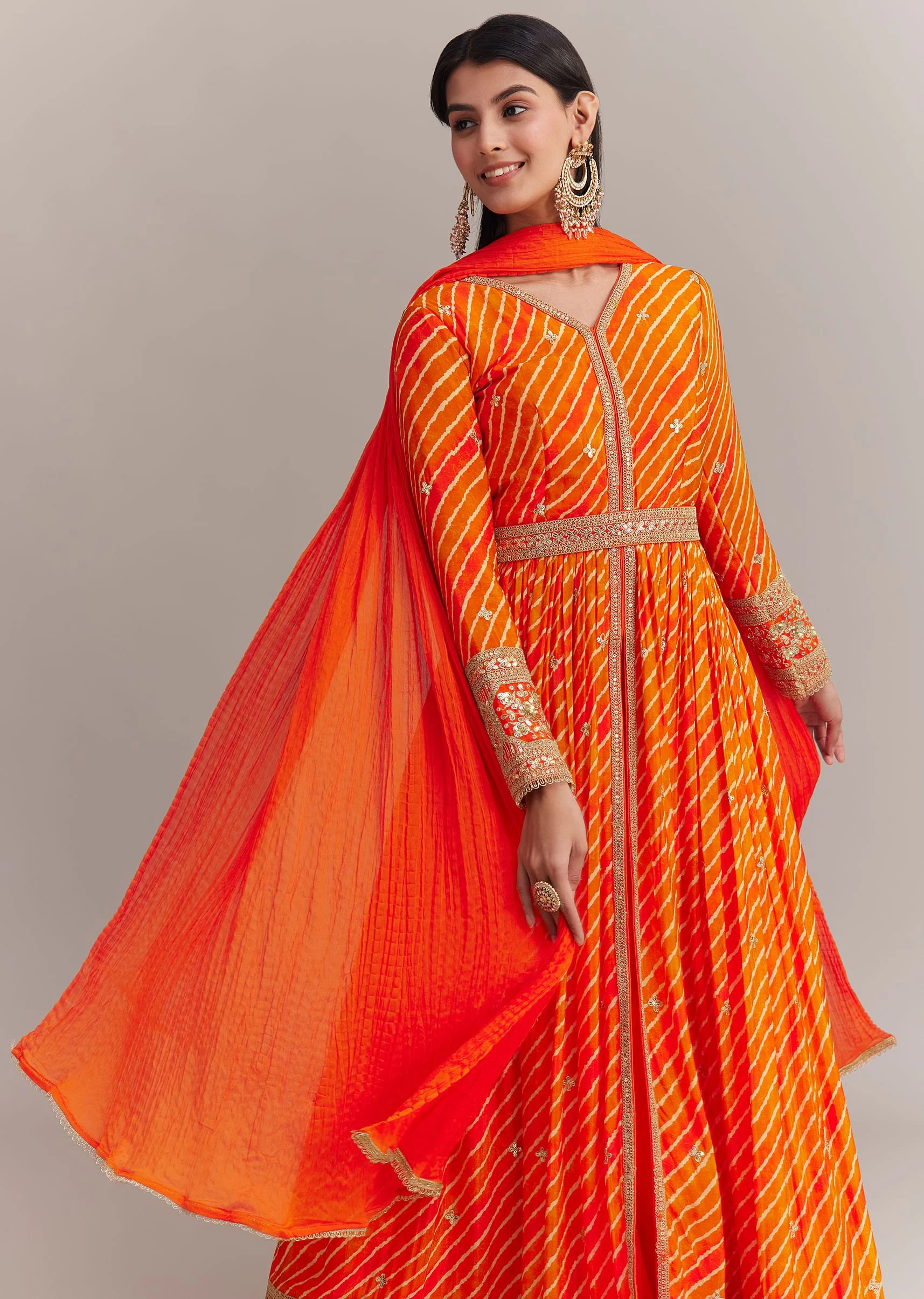 Orange Chinon Leheriya Embroidered Anarkali Set - Image 4