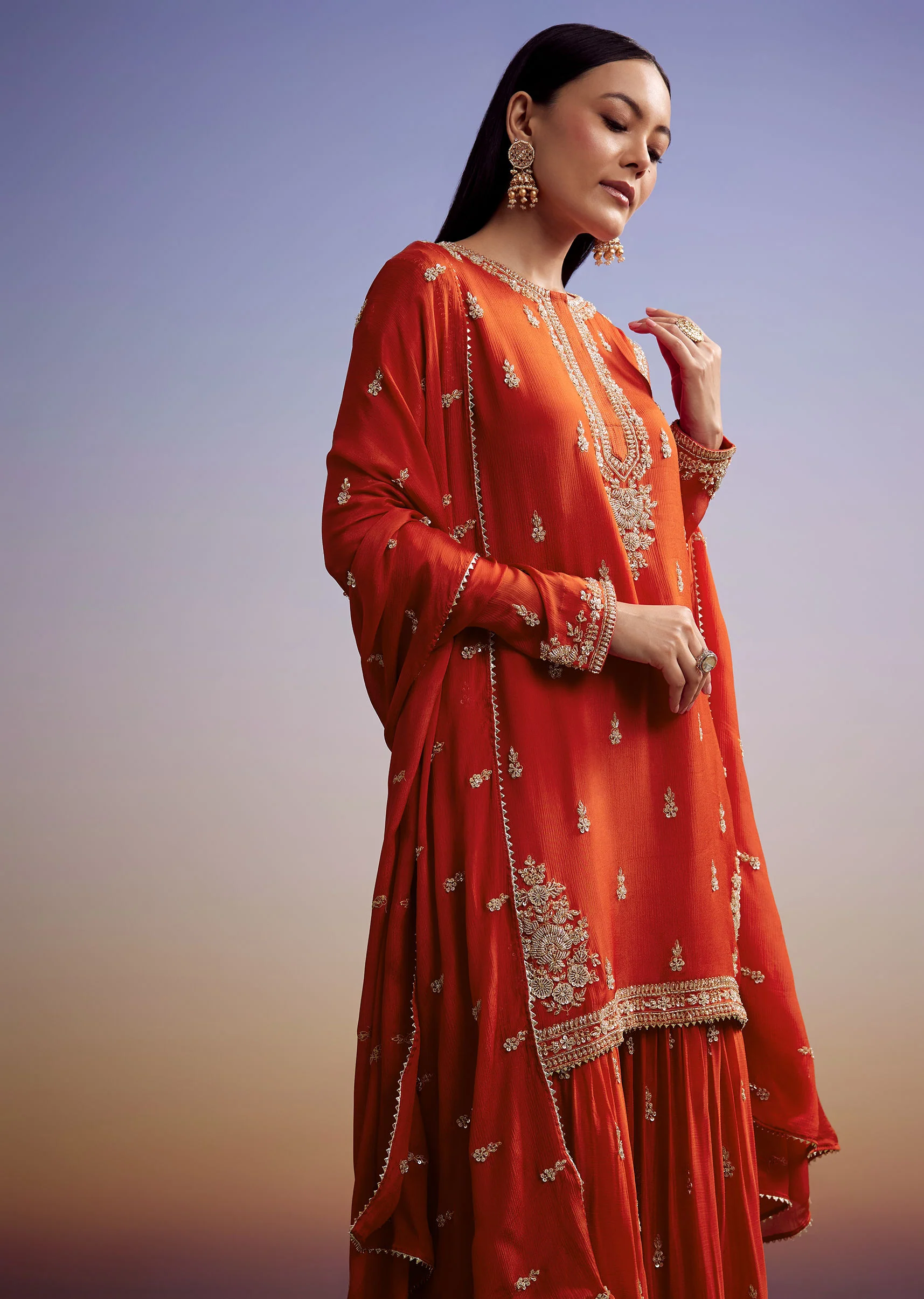 Orange Chinon Sharara Suit With Cut Dana And Sequins Work - Image 4