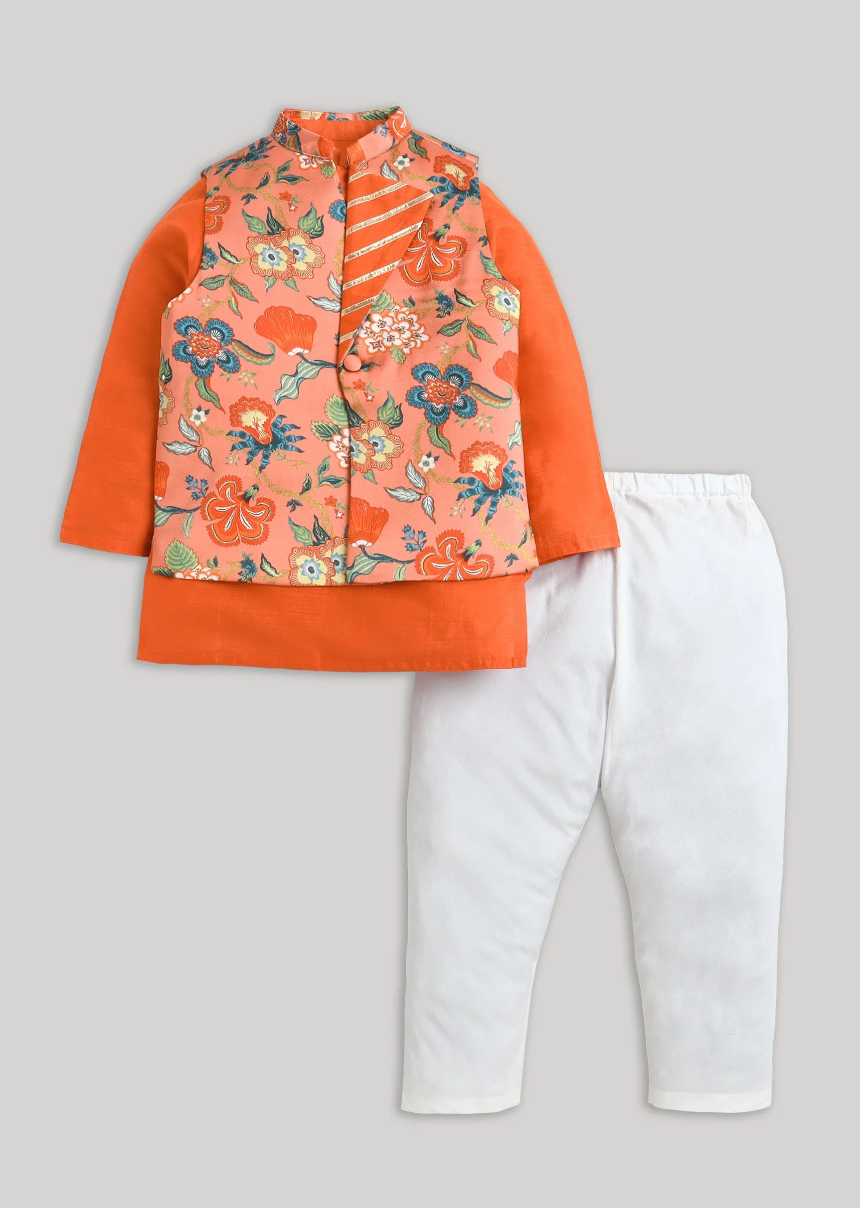 Orange Cotton Kurta Jacket Set With Gotta Work Nehru Jacket