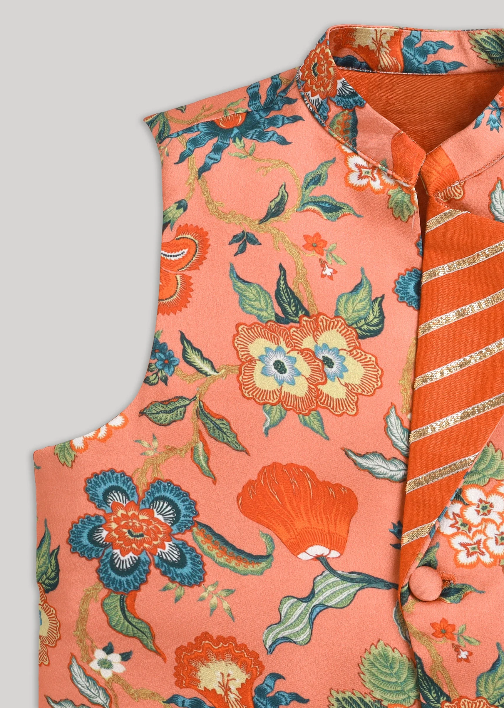 Orange Cotton Kurta Jacket Set With Gotta Work Nehru Jacket - Image 7