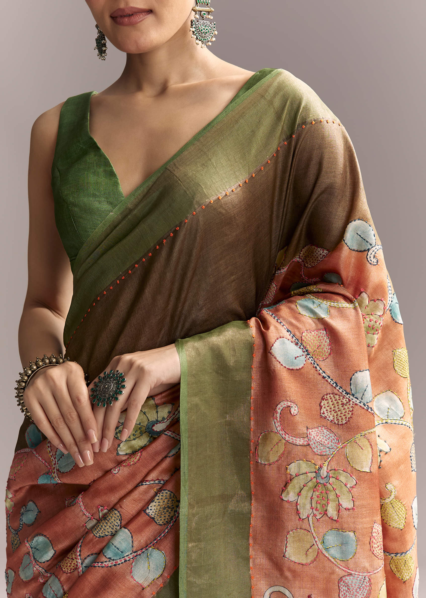 Orange Cotton Saree With Hand Painted Motifs And Green Border - Image 2