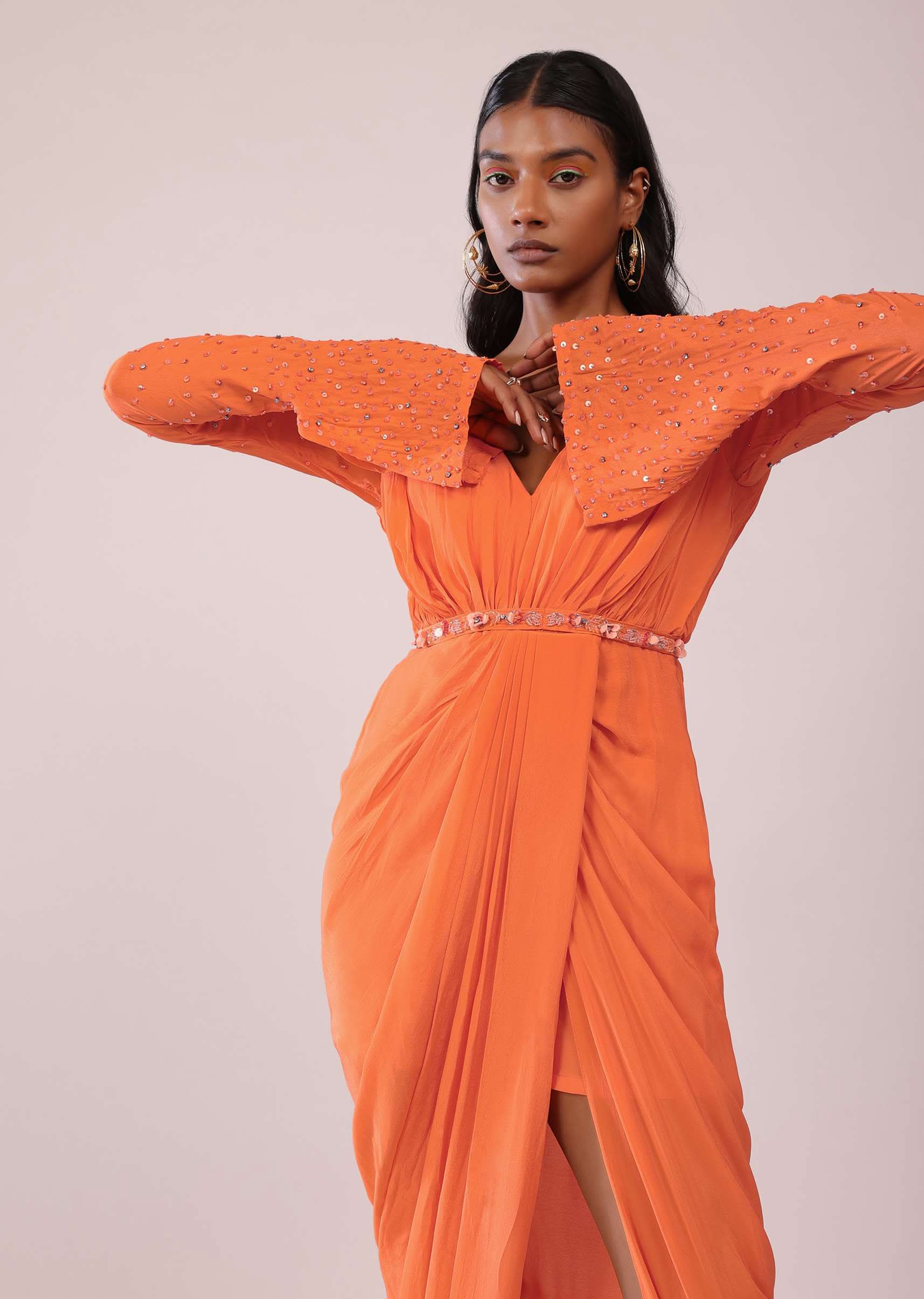 Orange Crepe Gown With Bell Sleeves And Hand Embroidered Belt - Image 4