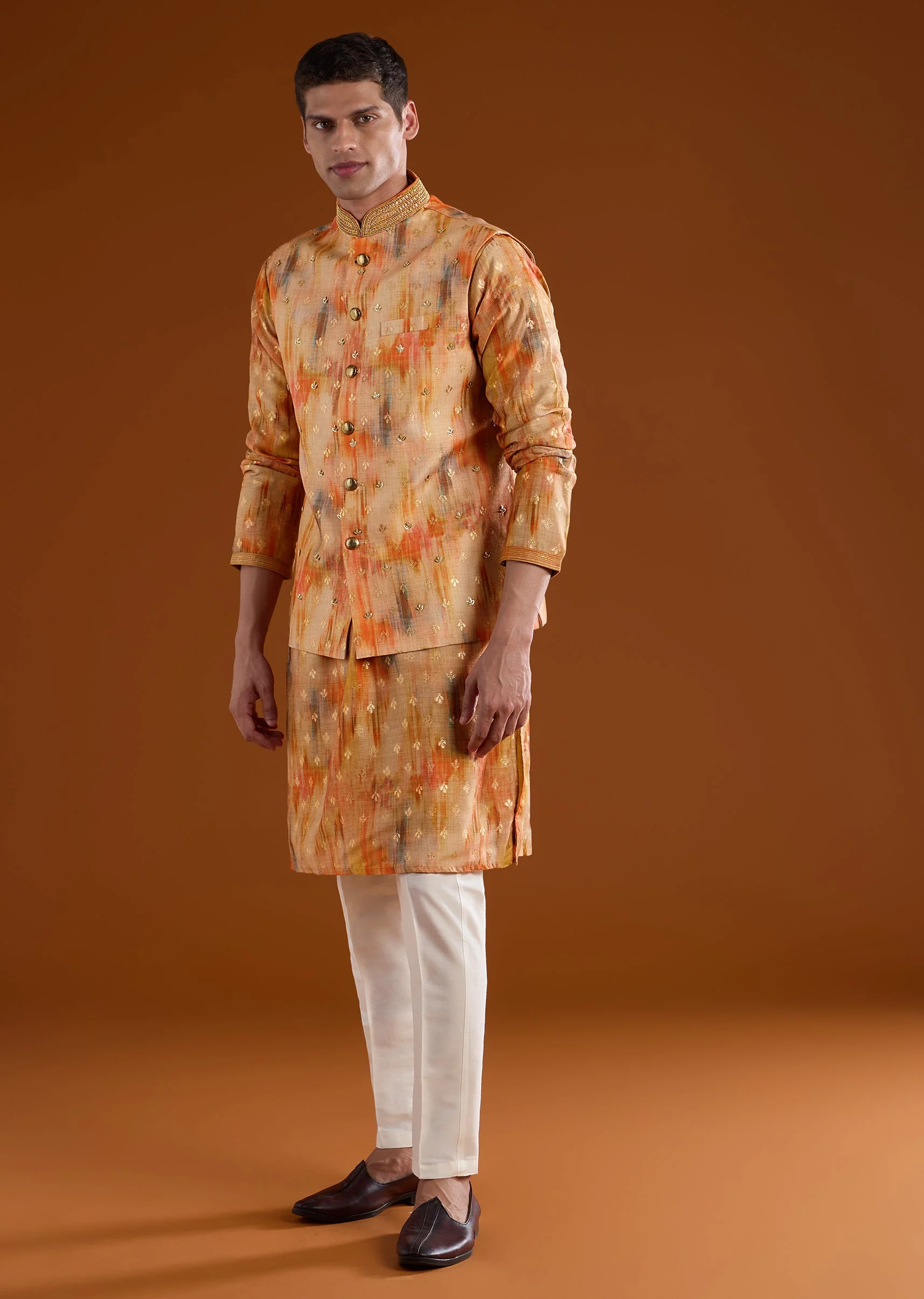 Orange Embellished Silk Kurta Jacket Set - Image 3