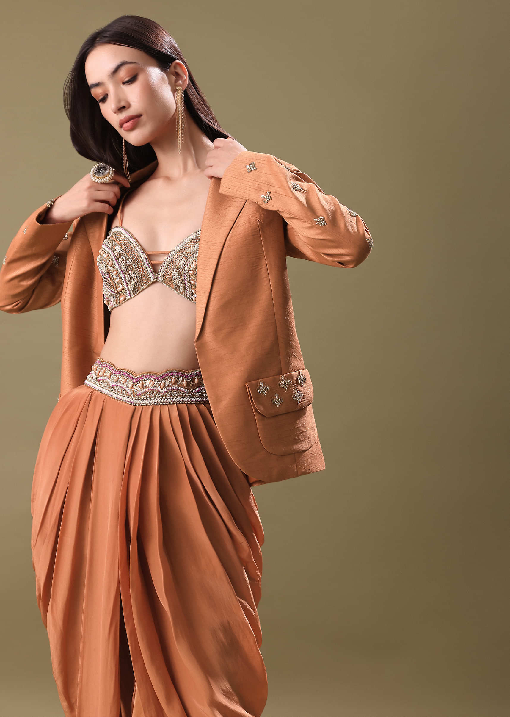 Orange Embroidered Blouse With Dhoti And Jacket - Image 2