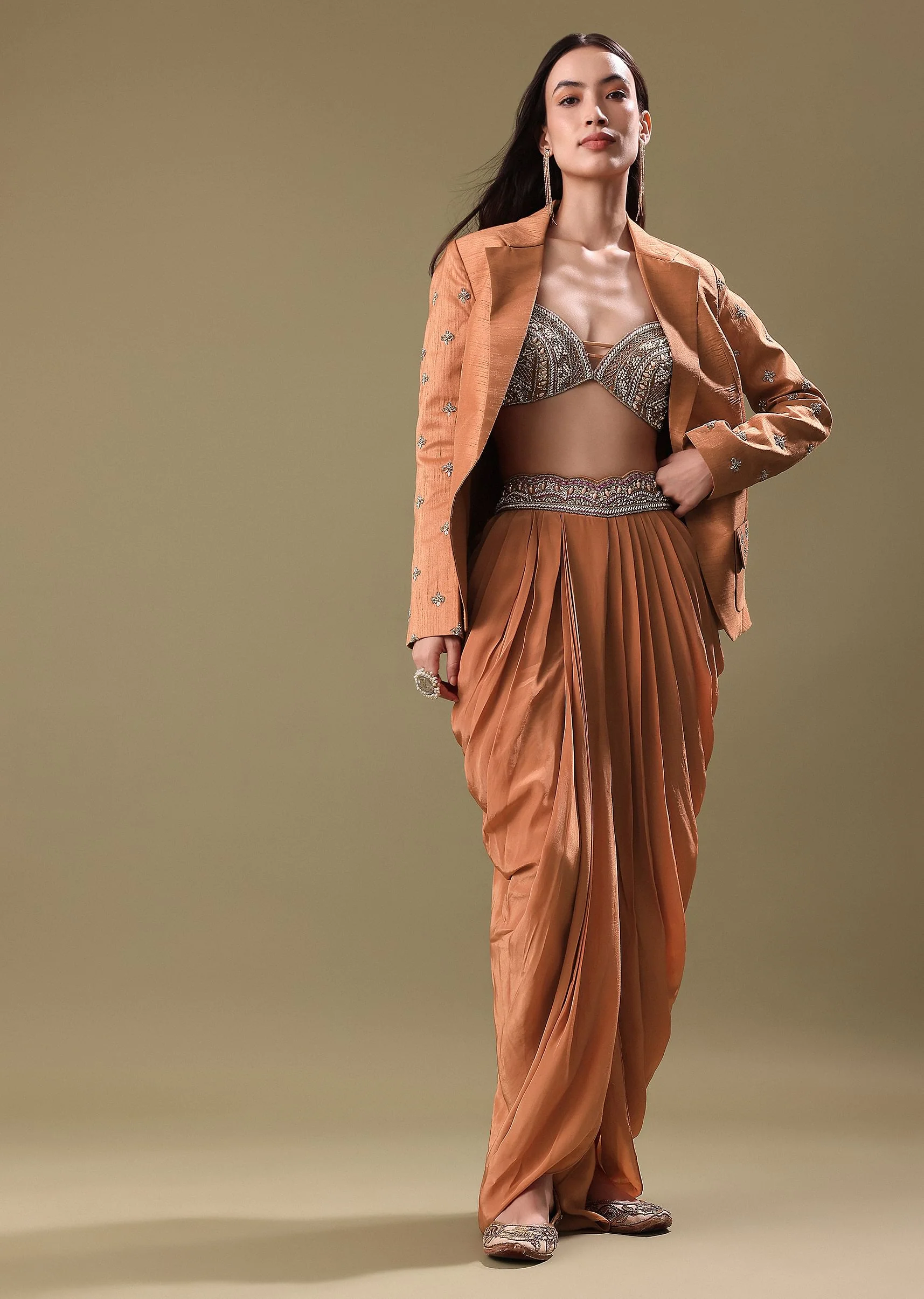 Orange Embroidered Blouse With Dhoti And Jacket - Image 3