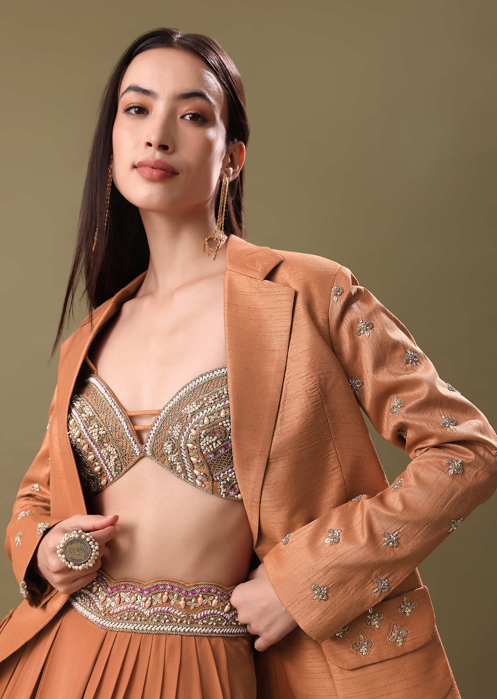 Orange Embroidered Blouse With Dhoti And Jacket - Image 4