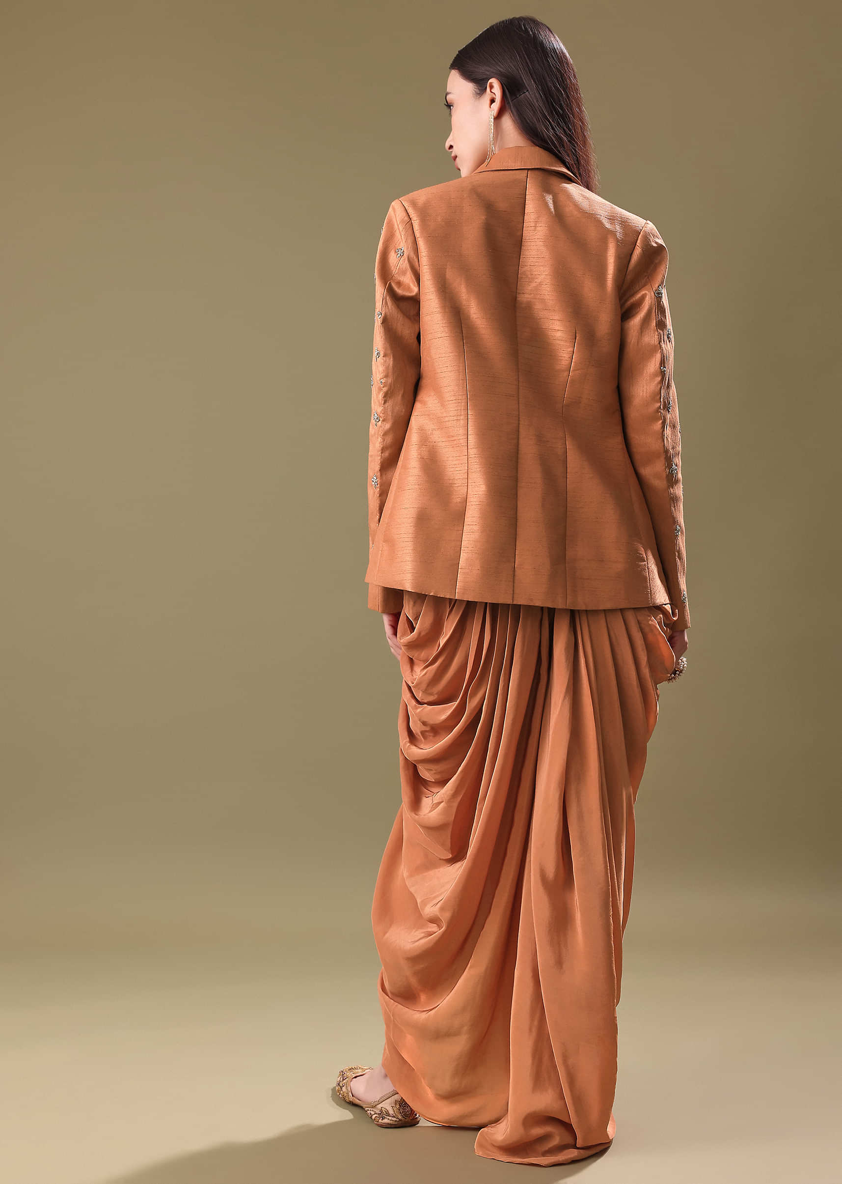 Orange Embroidered Blouse With Dhoti And Jacket - Image 5