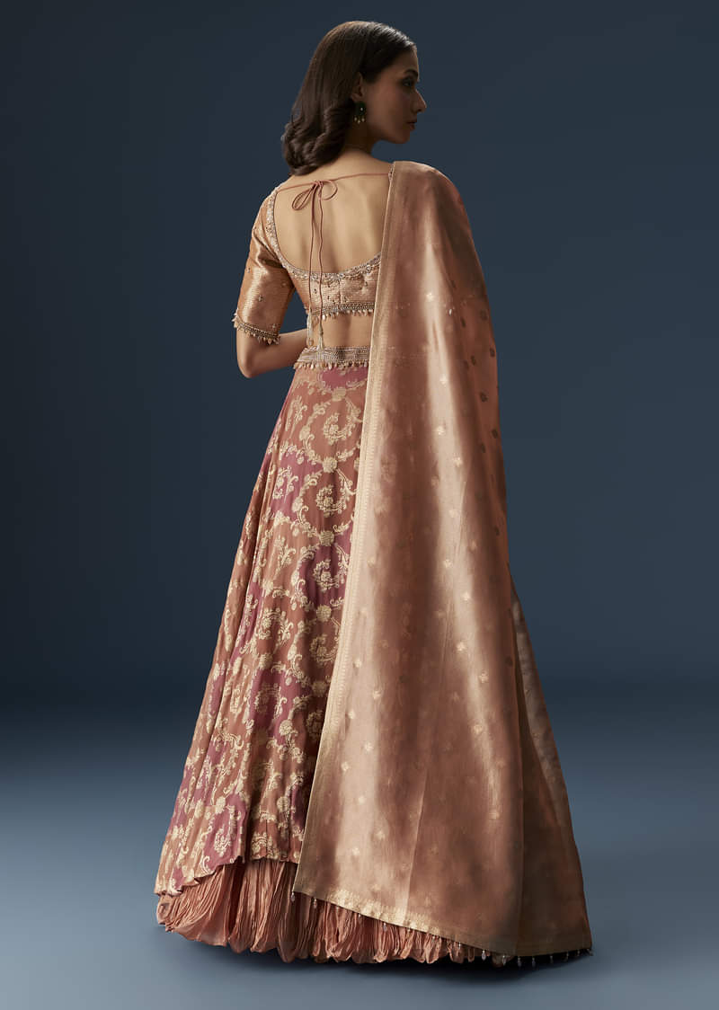 Orange Embroidered Blouse With Ruching Lehenga And Tassel Dupatta - Image 2