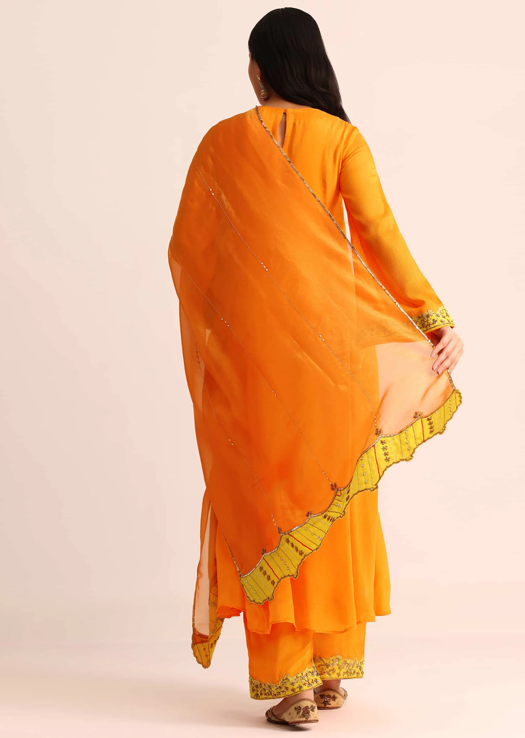 Orange Embroidered Chiffon Kurta Palazzo Set - Image 5
