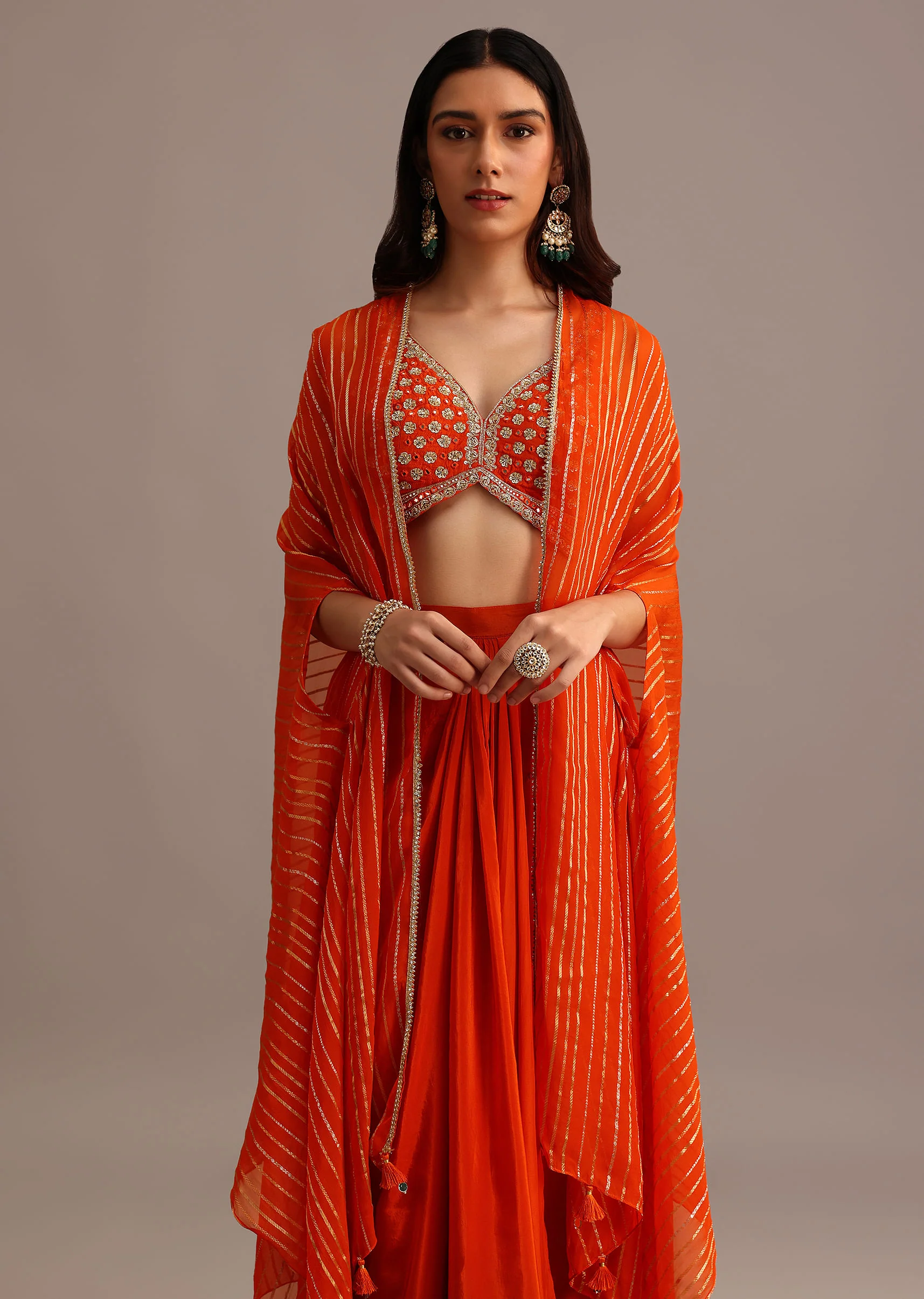 Orange Embroidered Croptop With Pleated Skirt And Chanderi Jacket - Image 4
