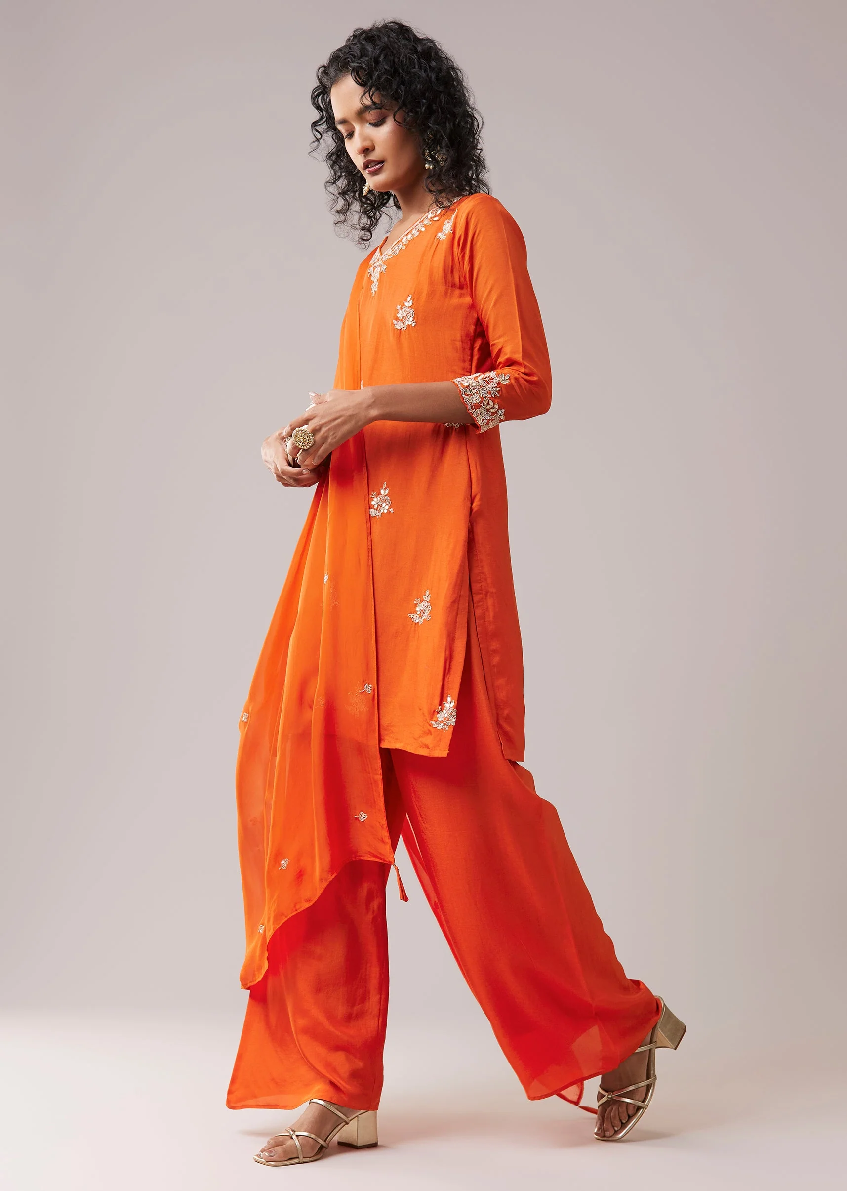 Orange Embroidered Silk Kurta Set with Gota Work - Image 3