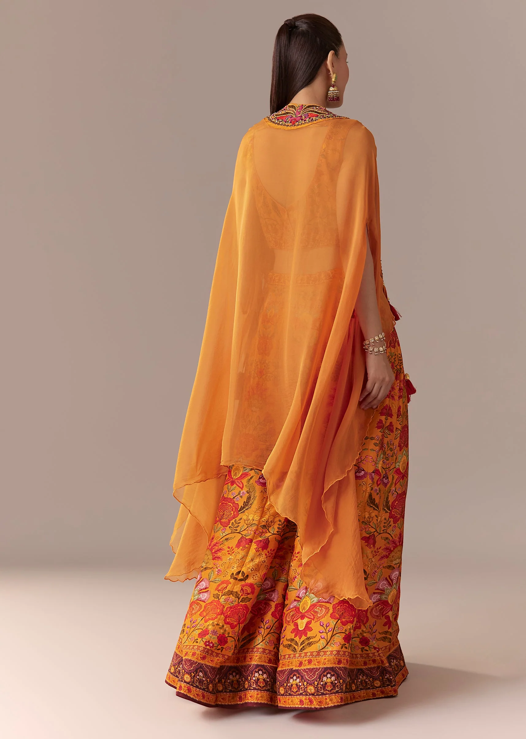 Orange Floral Cape Crop Top Set With Palazzo - Image 5