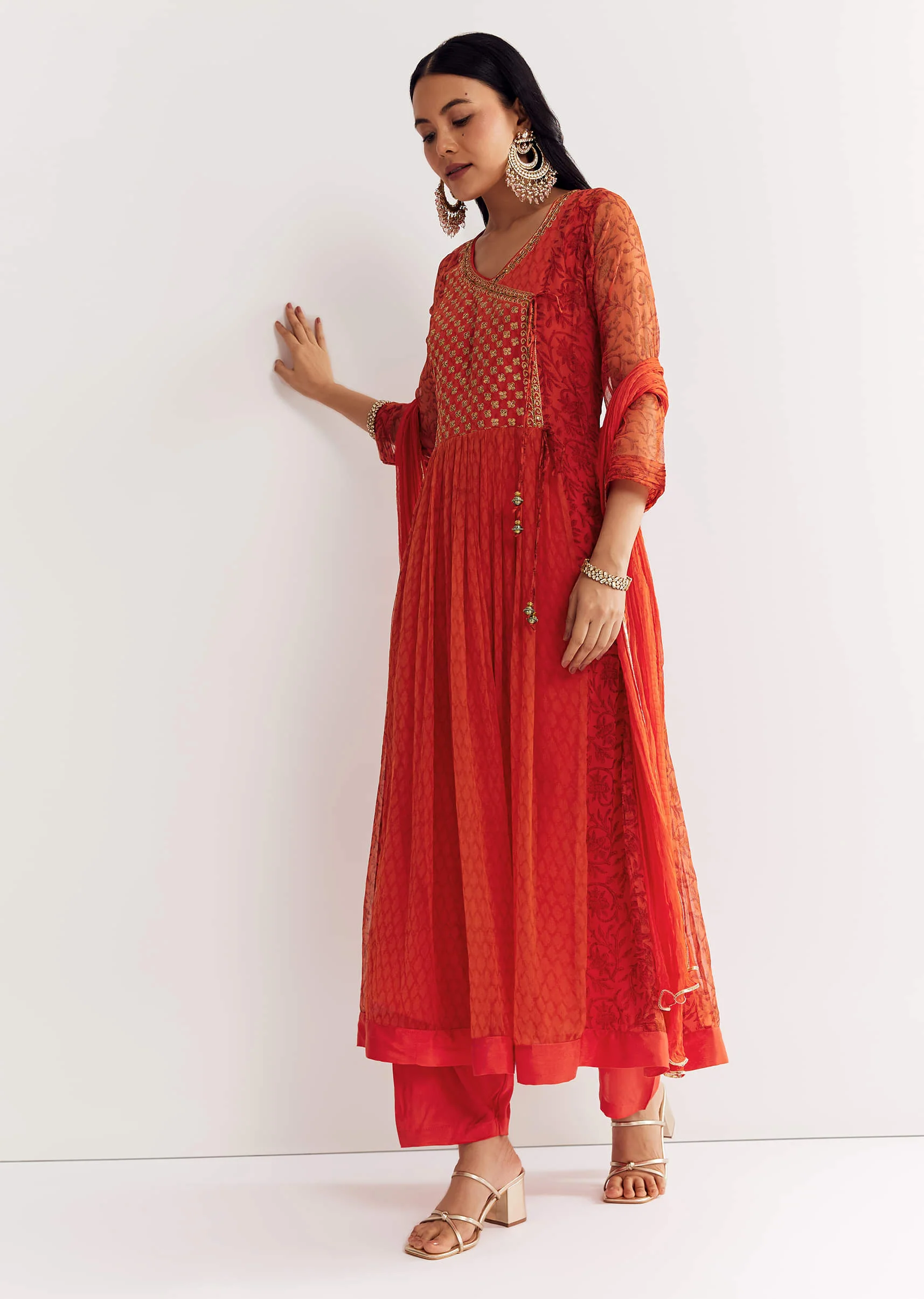 Orange Floral Chiffon Anarkali Kurta Set With Dupatta - Image 4