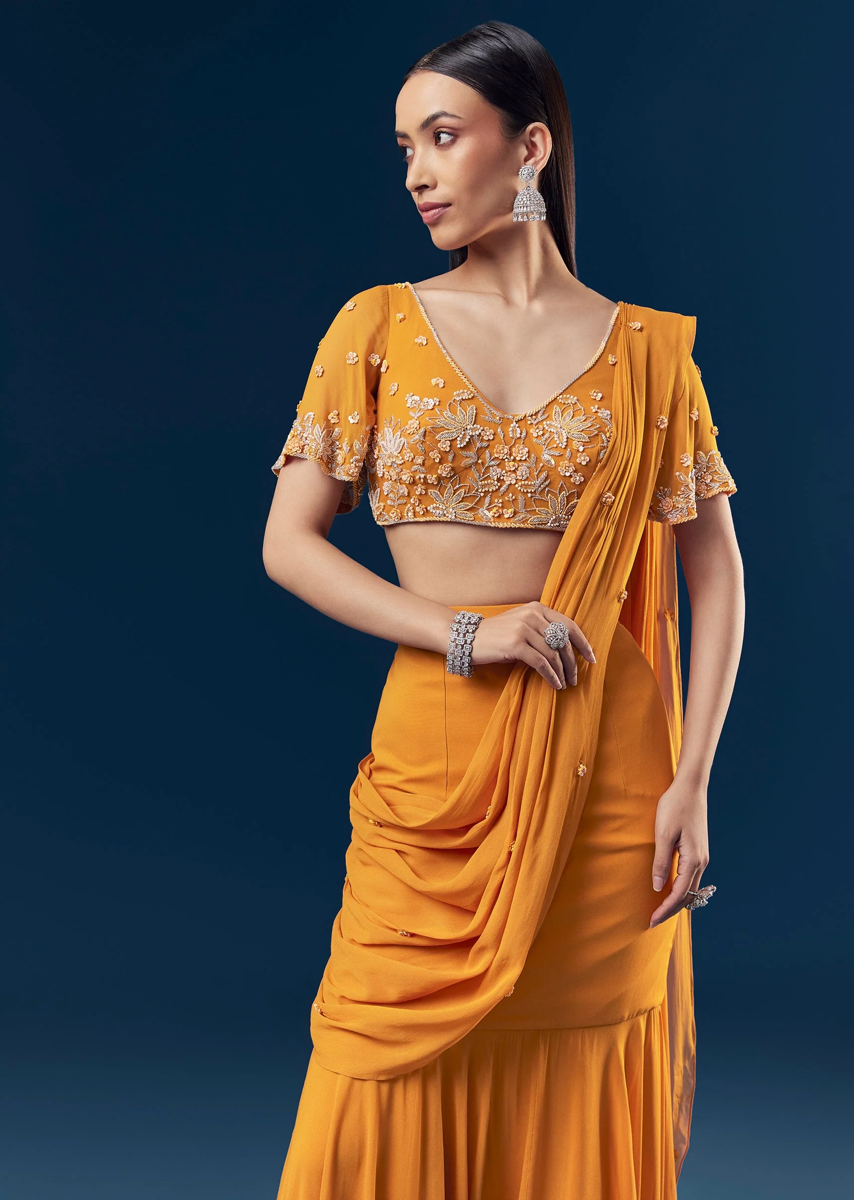 Orange Georgette Fish Cut Ready Pleated Indo Western Saree With Embroidered Blouse And Cut Dana Sequin And Pearl Detailing - Image 5
