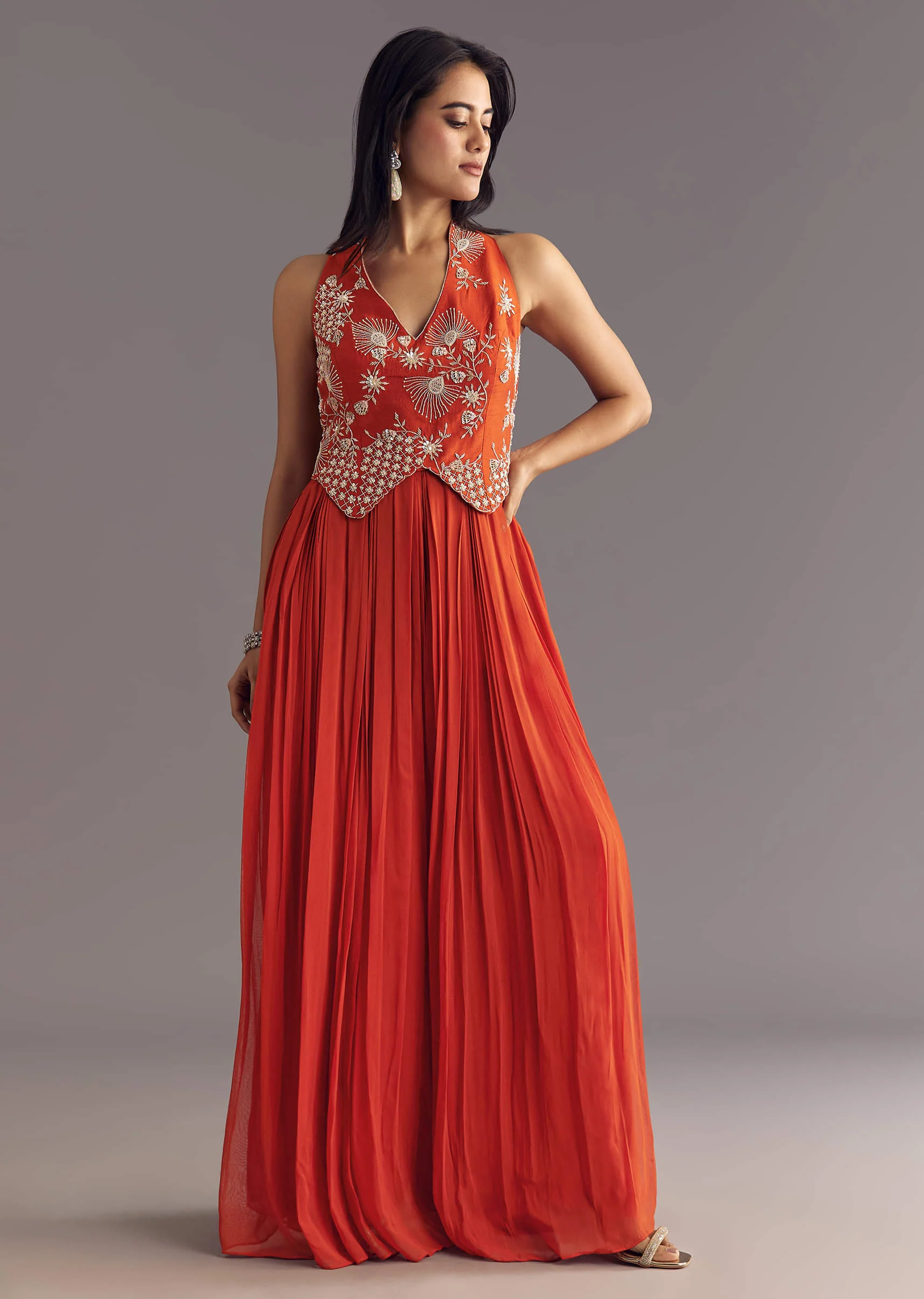 Orange Georgette Jumpsuit With Moti And Sequins Embroidery - Image 3