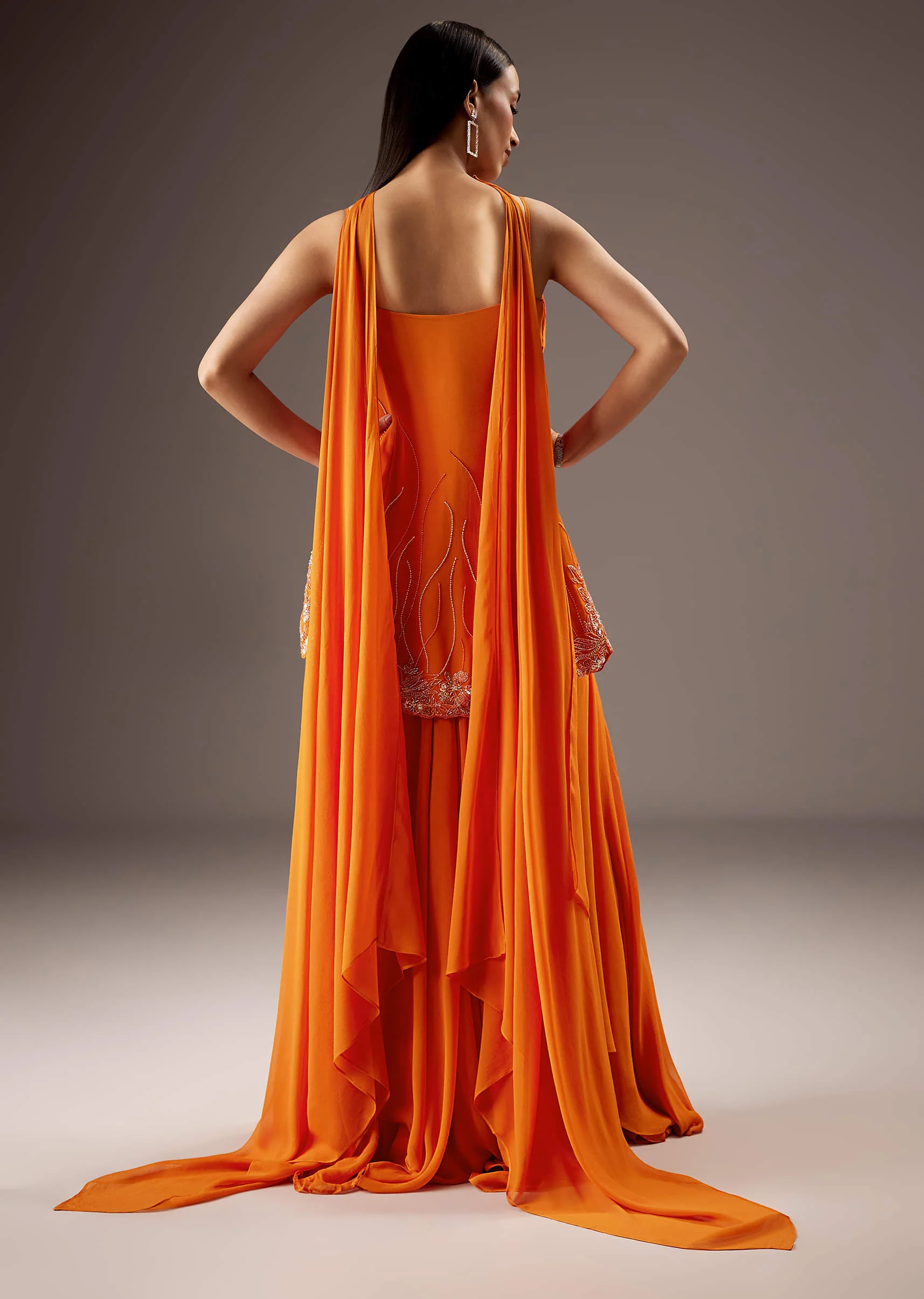 Orange Georgette Palazzo Suit With Heavy Embroidery - Image 2