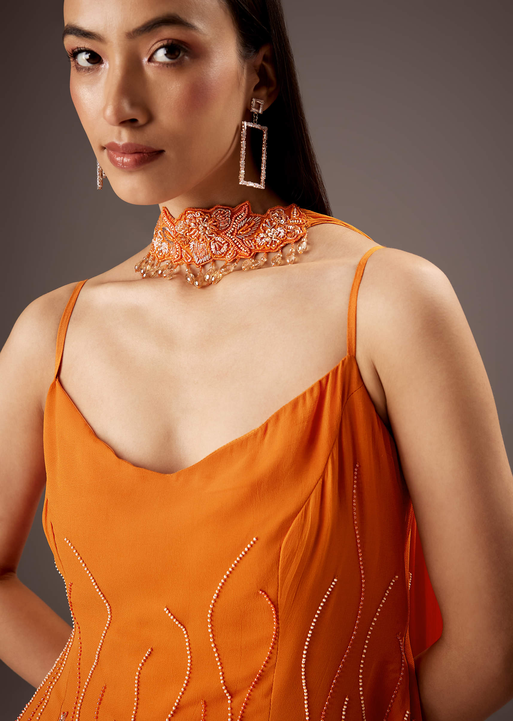 Orange Georgette Palazzo Suit With Heavy Embroidery - Image 3