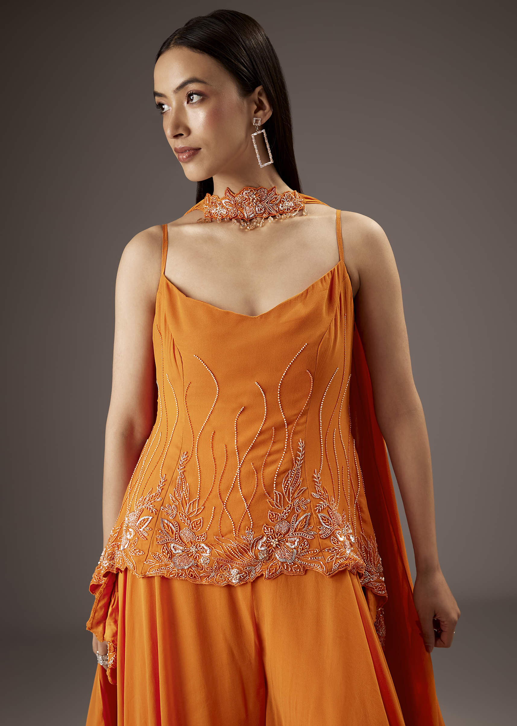 Orange Georgette Palazzo Suit With Heavy Embroidery - Image 5