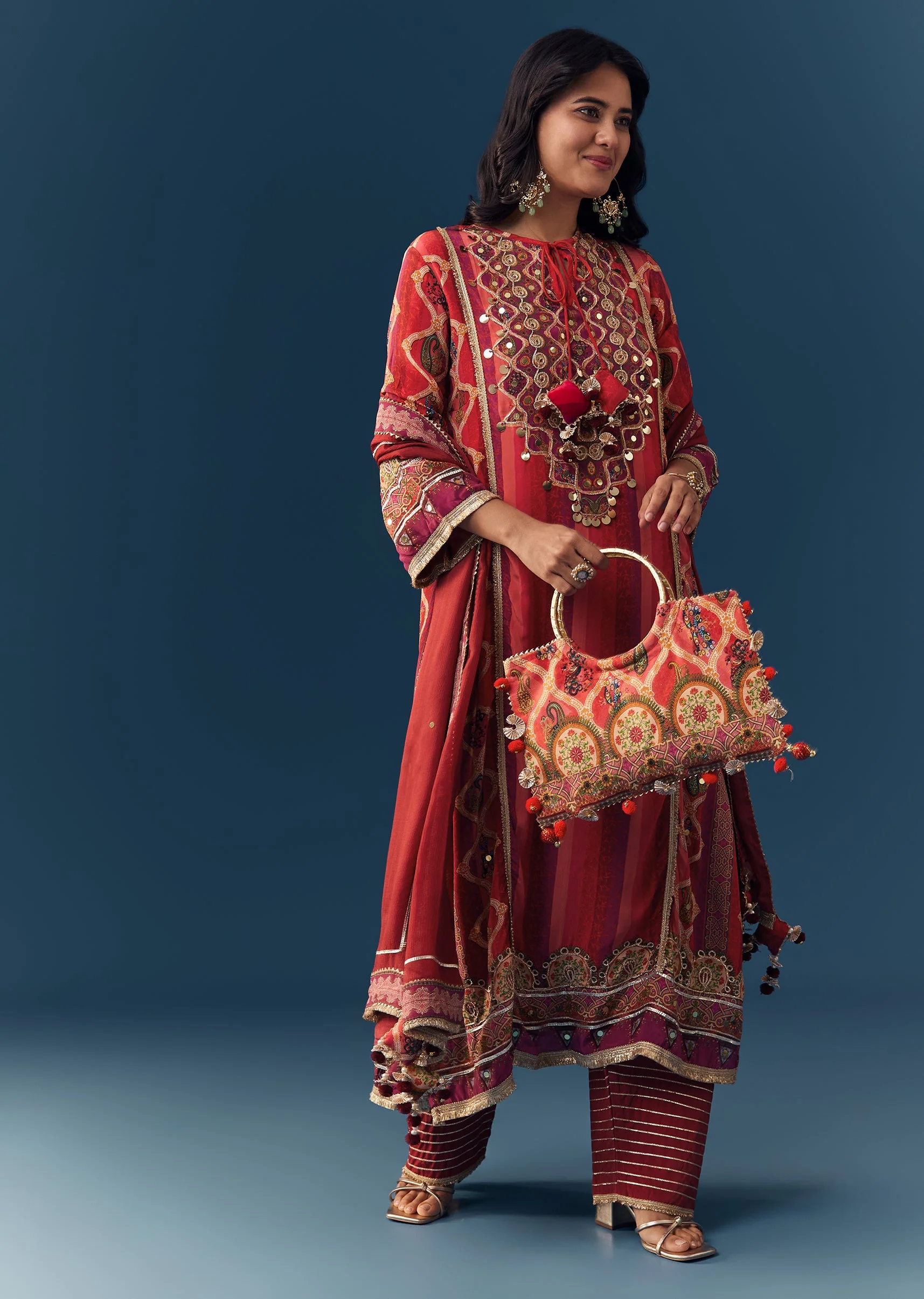 Orange Gota Lace Work Kurta Set with Handbag
