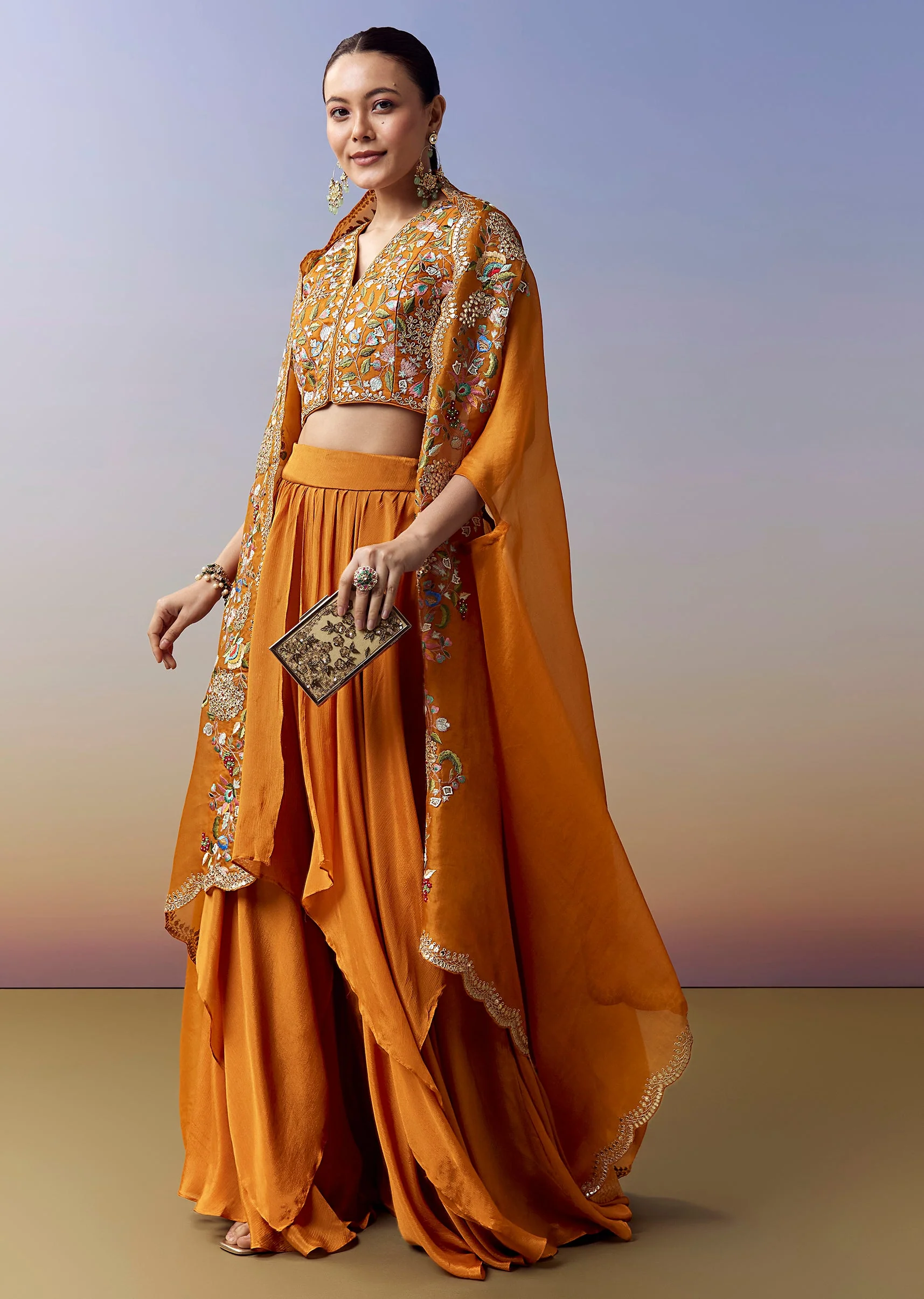 Orange Indo Western Crop Top Skirt Set With Parsi Work And Cape - Image 3