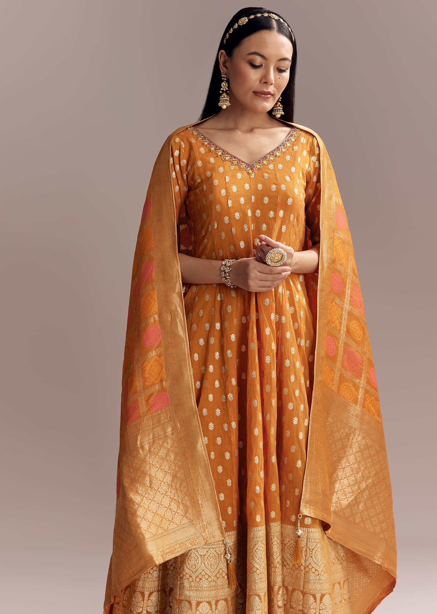 Orange Jacquard Anarkali Suit With Woven Brocade Dupatta - Image 2
