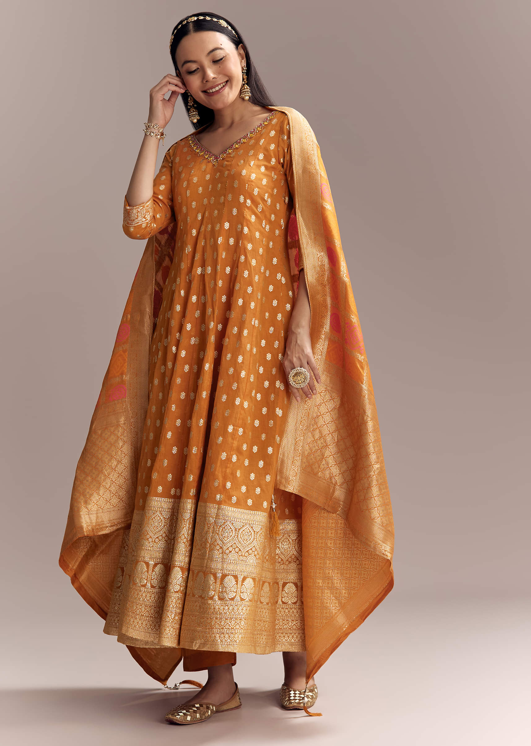 Orange Jacquard Anarkali Suit With Woven Brocade Dupatta - Image 3