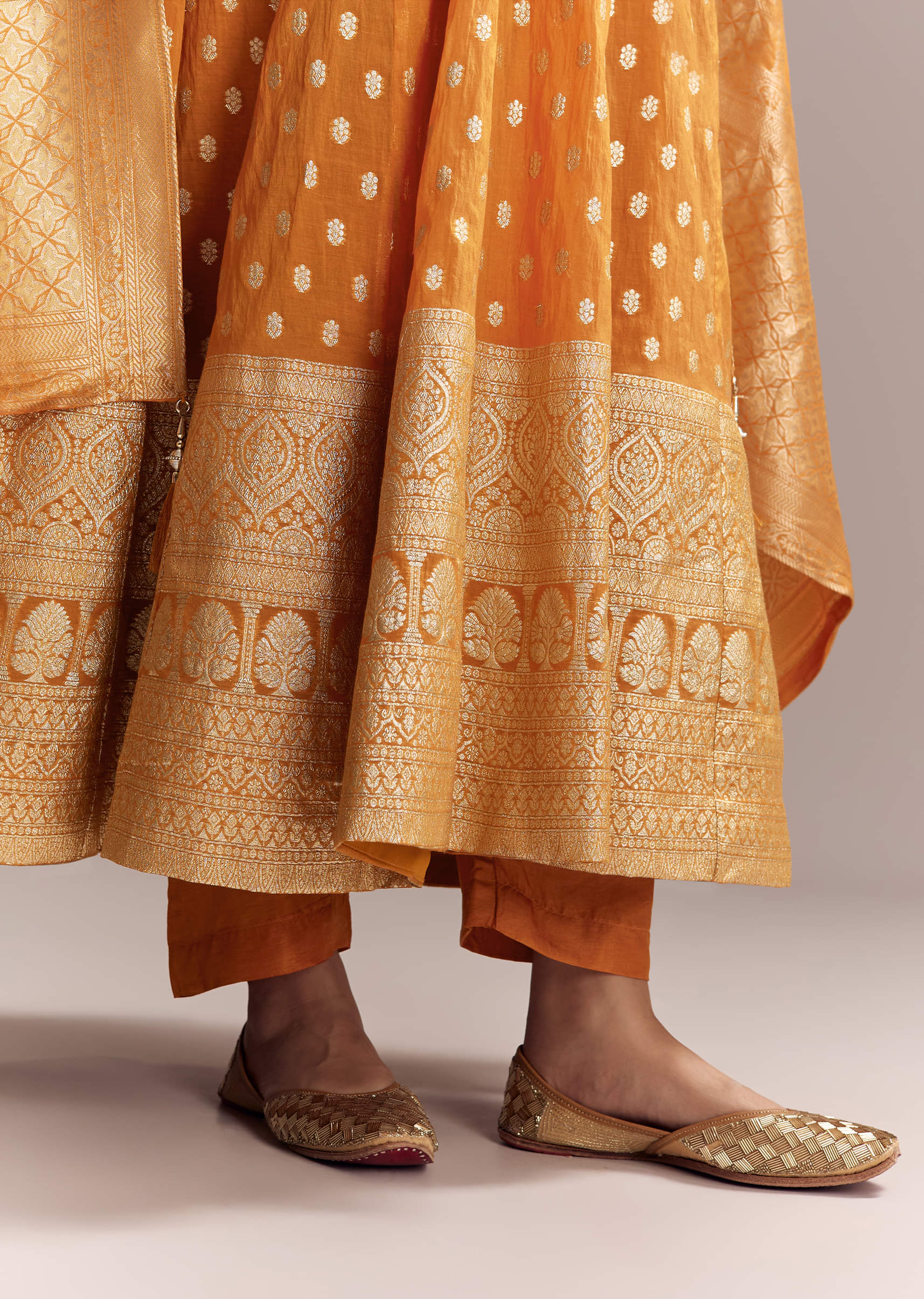 Orange Jacquard Anarkali Suit With Woven Brocade Dupatta - Image 4