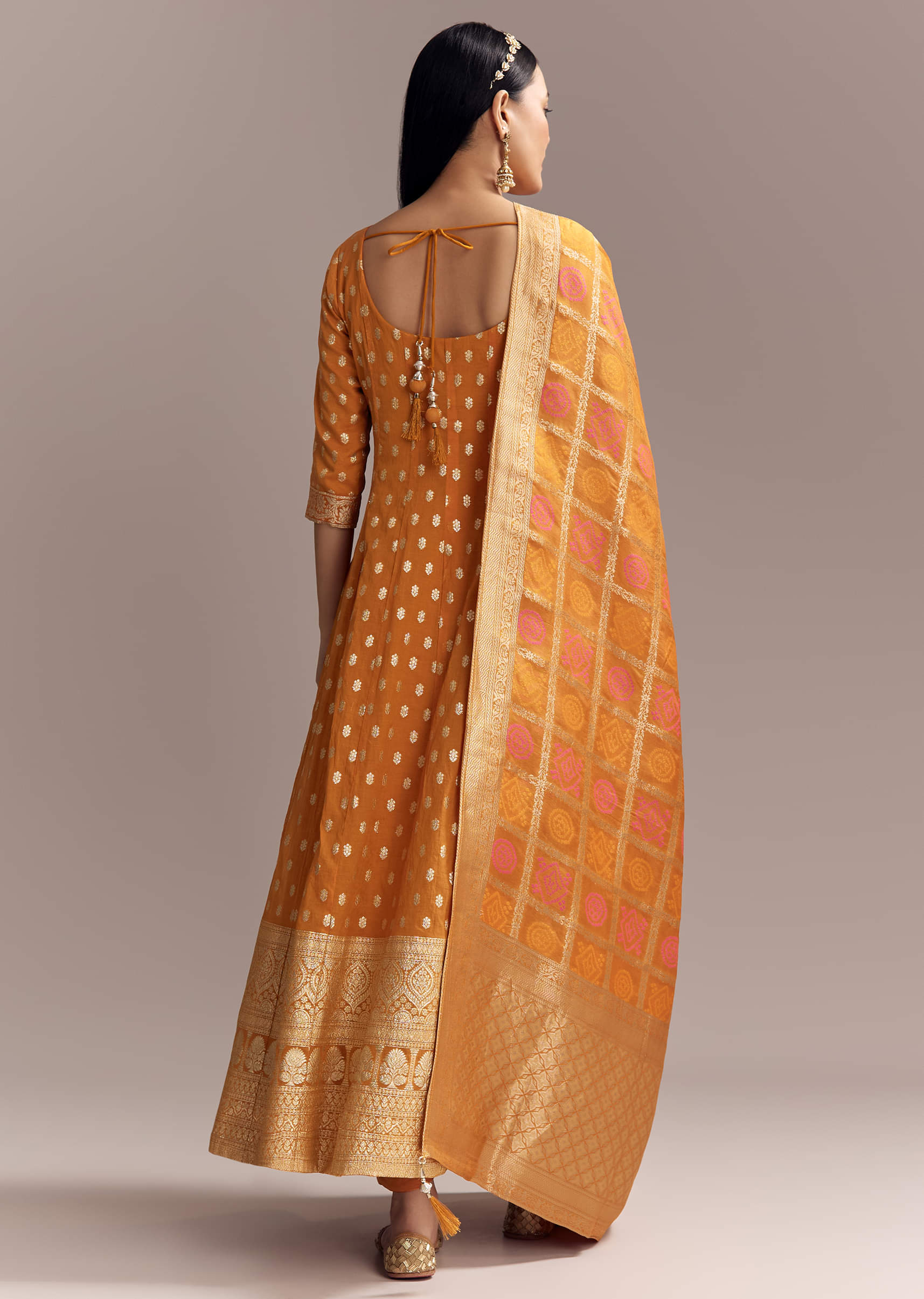 Orange Jacquard Anarkali Suit With Woven Brocade Dupatta - Image 5