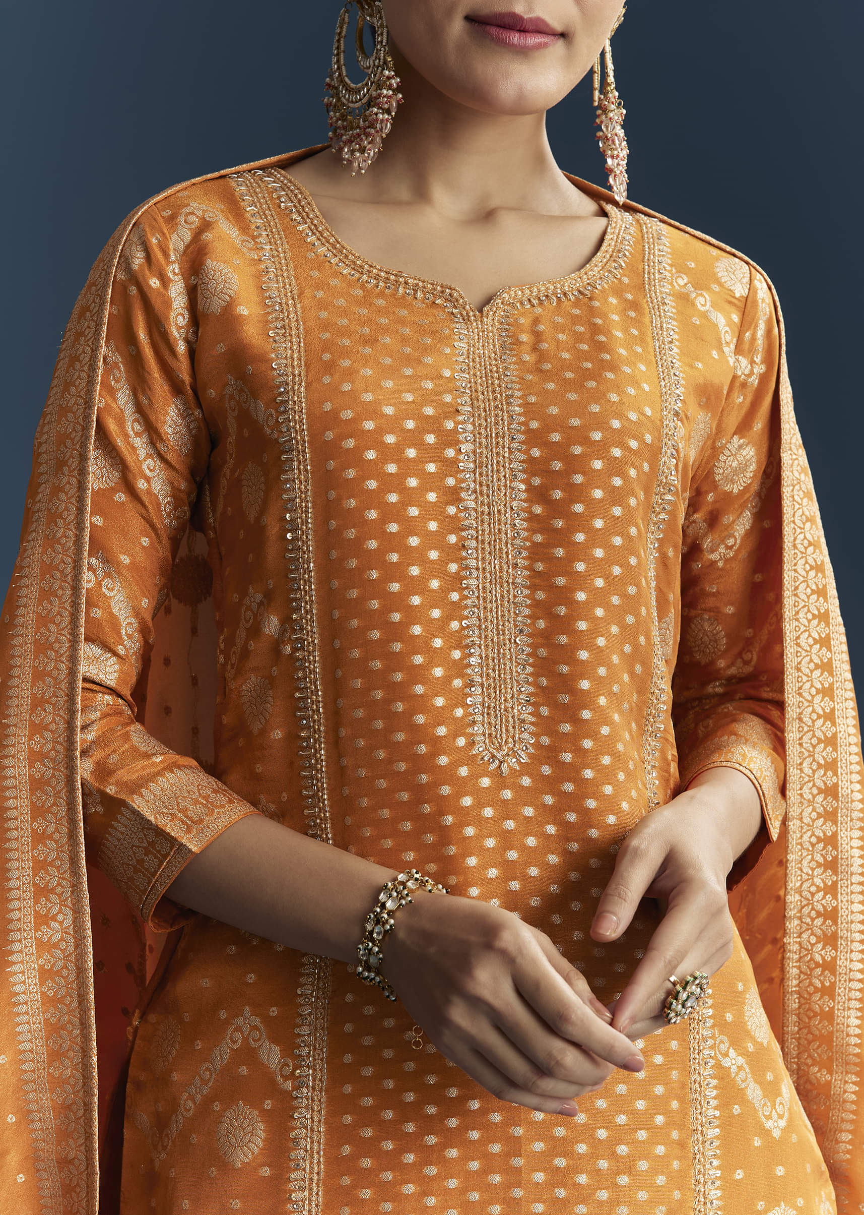 Orange Jacquard Palazzo Suit With Banarasi Jacquard Weave - Image 2