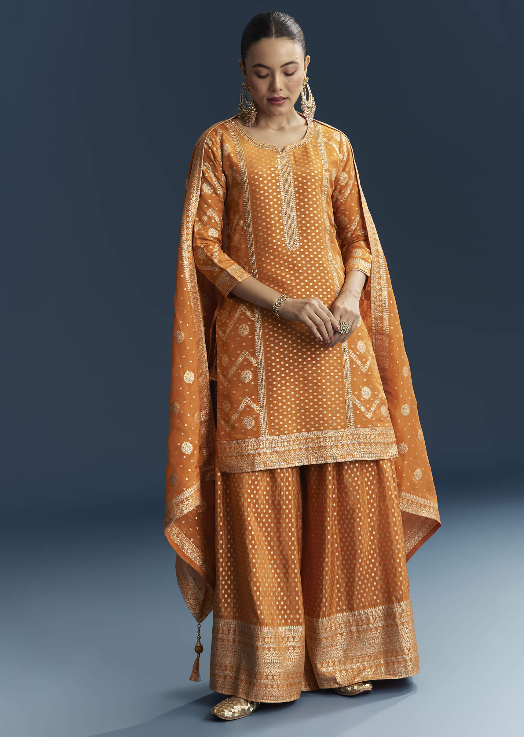 Orange Jacquard Palazzo Suit With Banarasi Jacquard Weave - Image 3