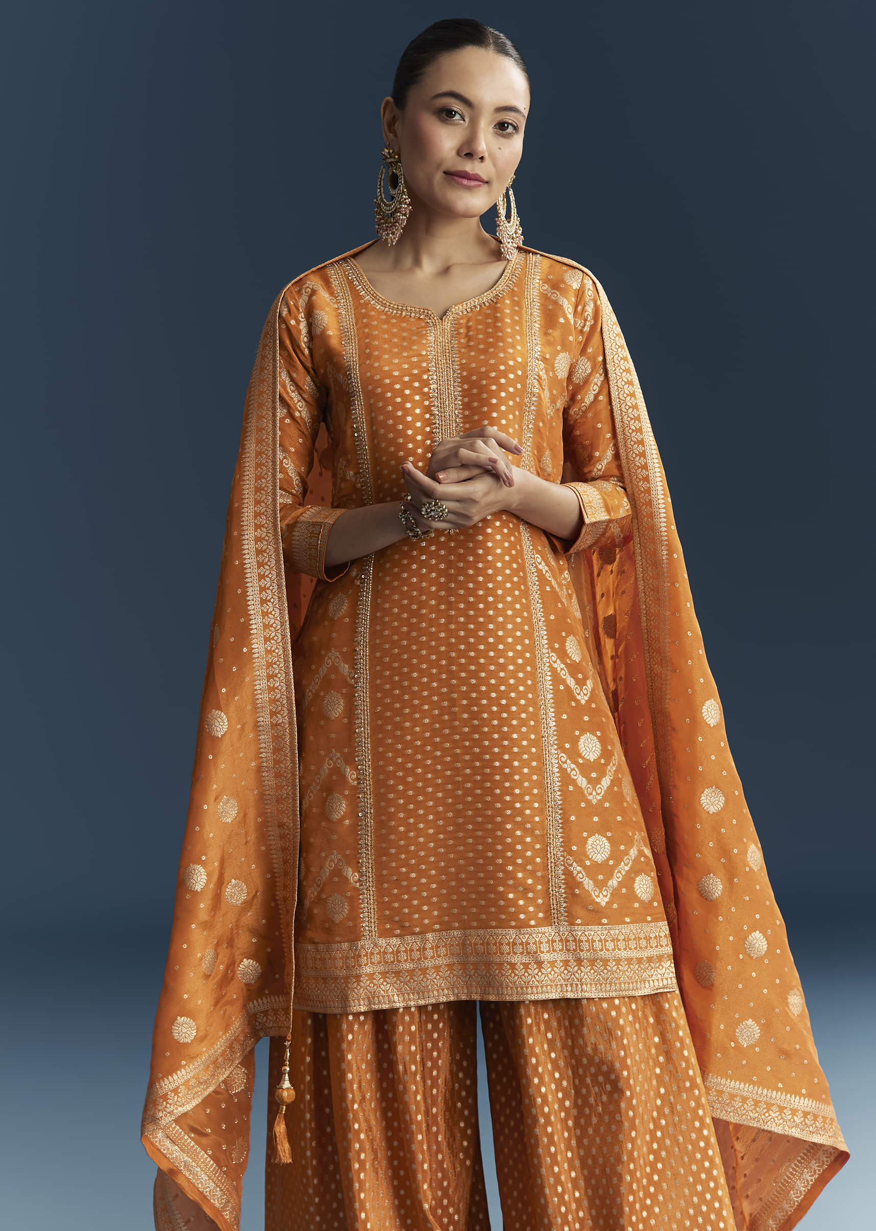 Orange Jacquard Palazzo Suit With Banarasi Jacquard Weave - Image 4