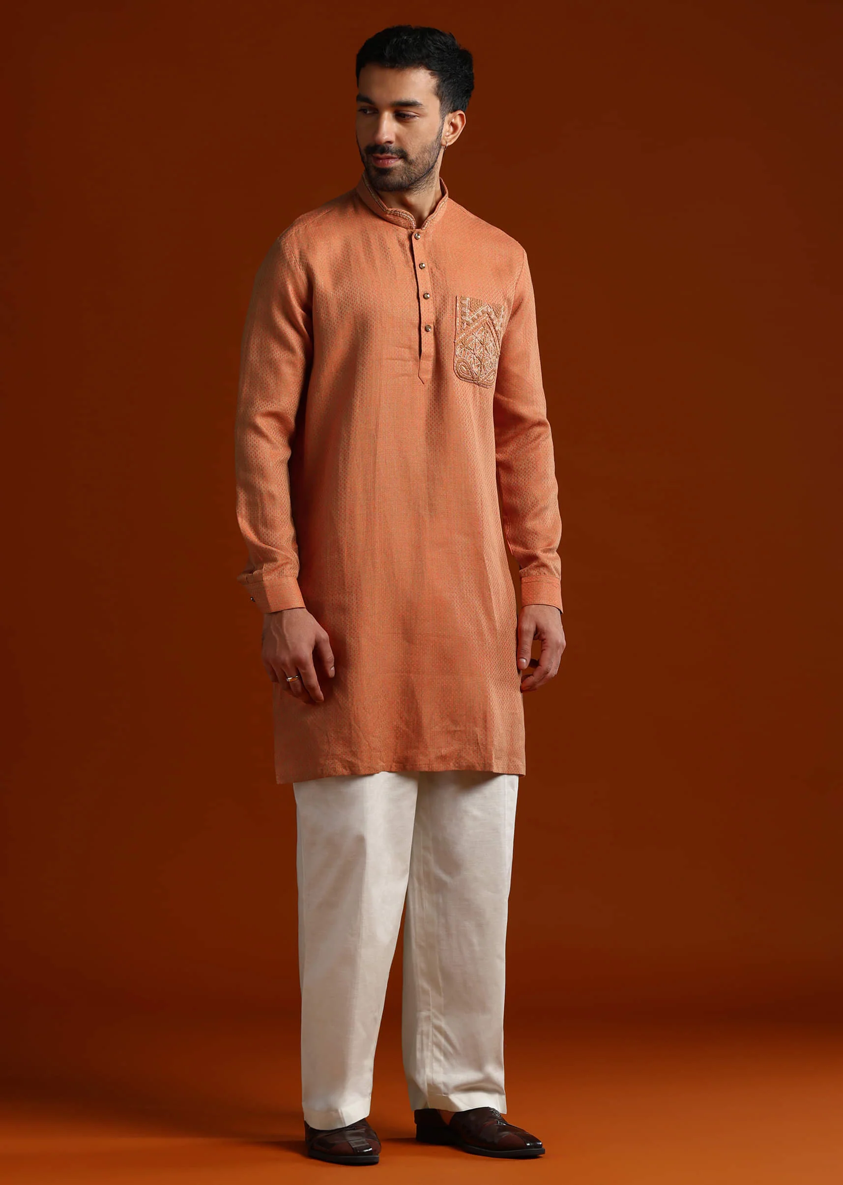 Orange Kurta Set For Men With Resham Work - Image 3