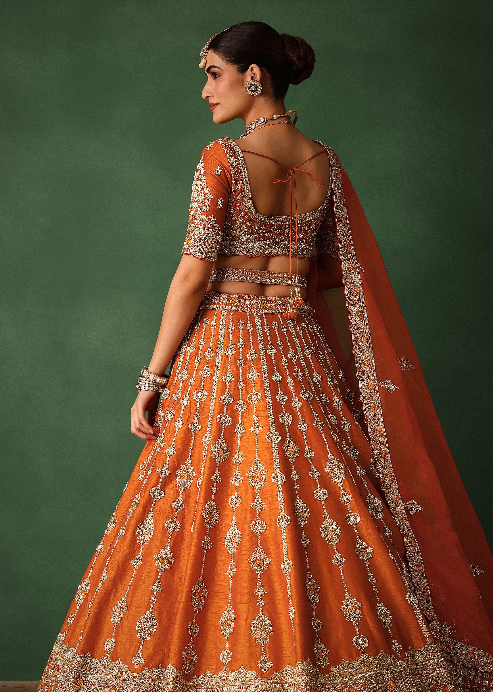 Orange Lehenga Set In Raw Silk With Hand Embroidered Motifs - Image 3