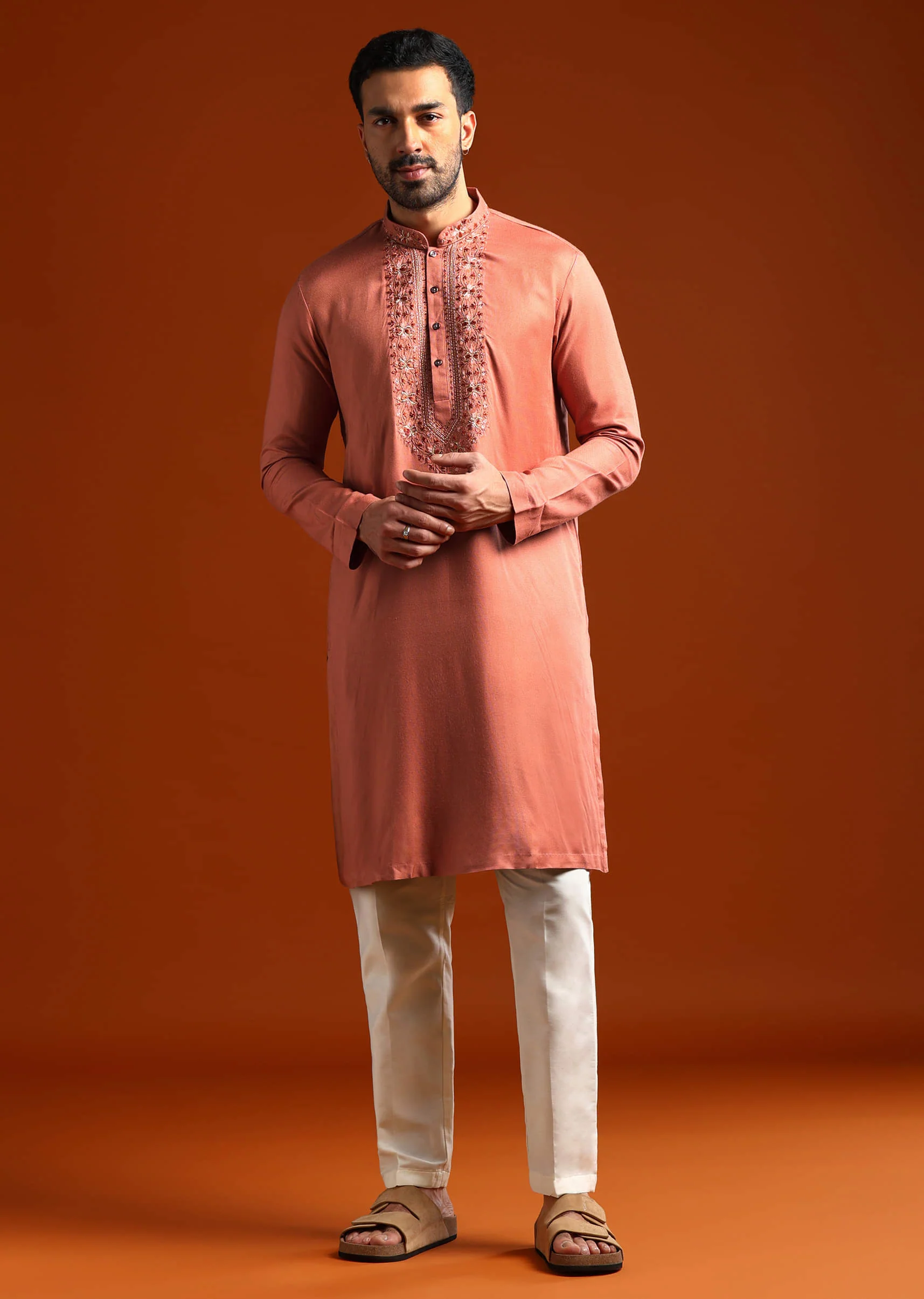 Orange Modal Kurta Set For Men With Thread Work - Image 2