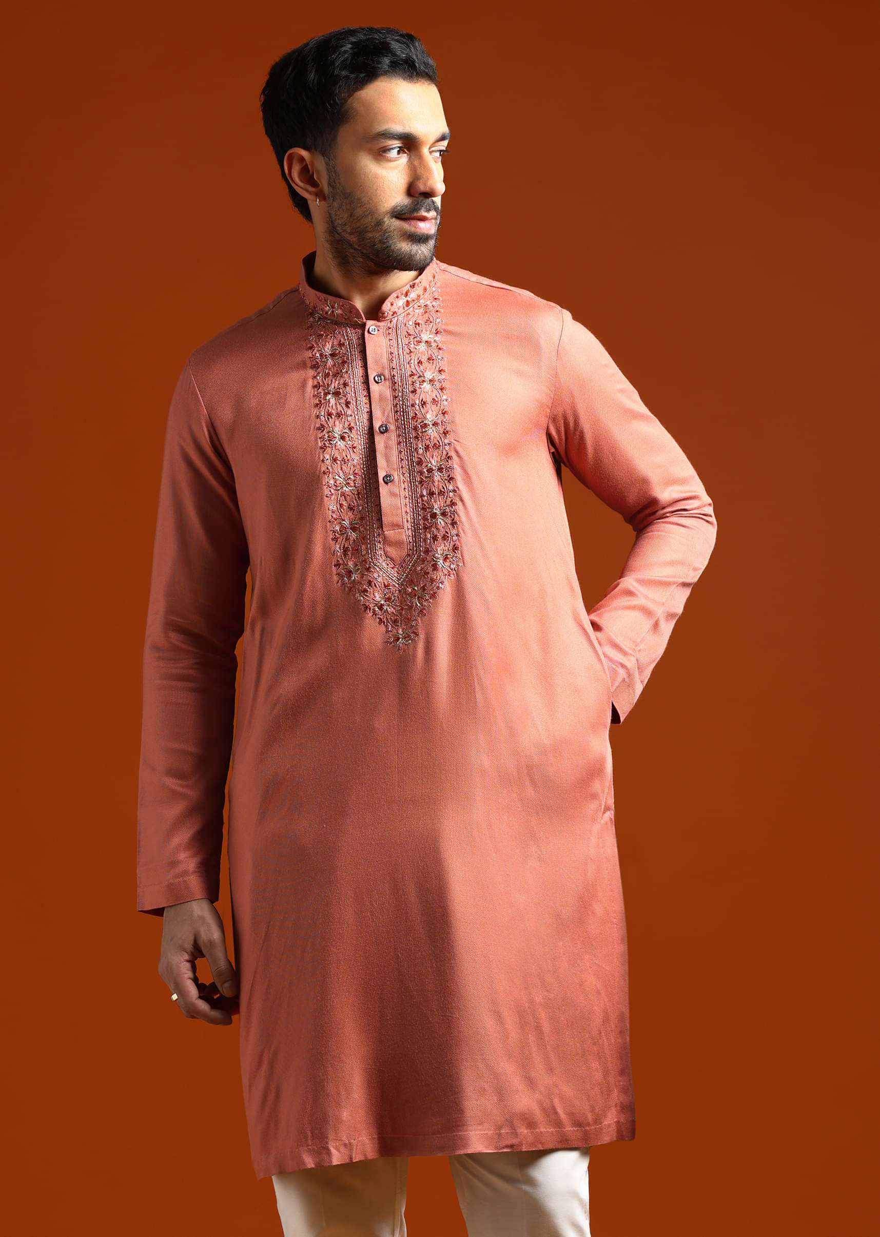 Orange Modal Kurta Set For Men With Thread Work - Image 3