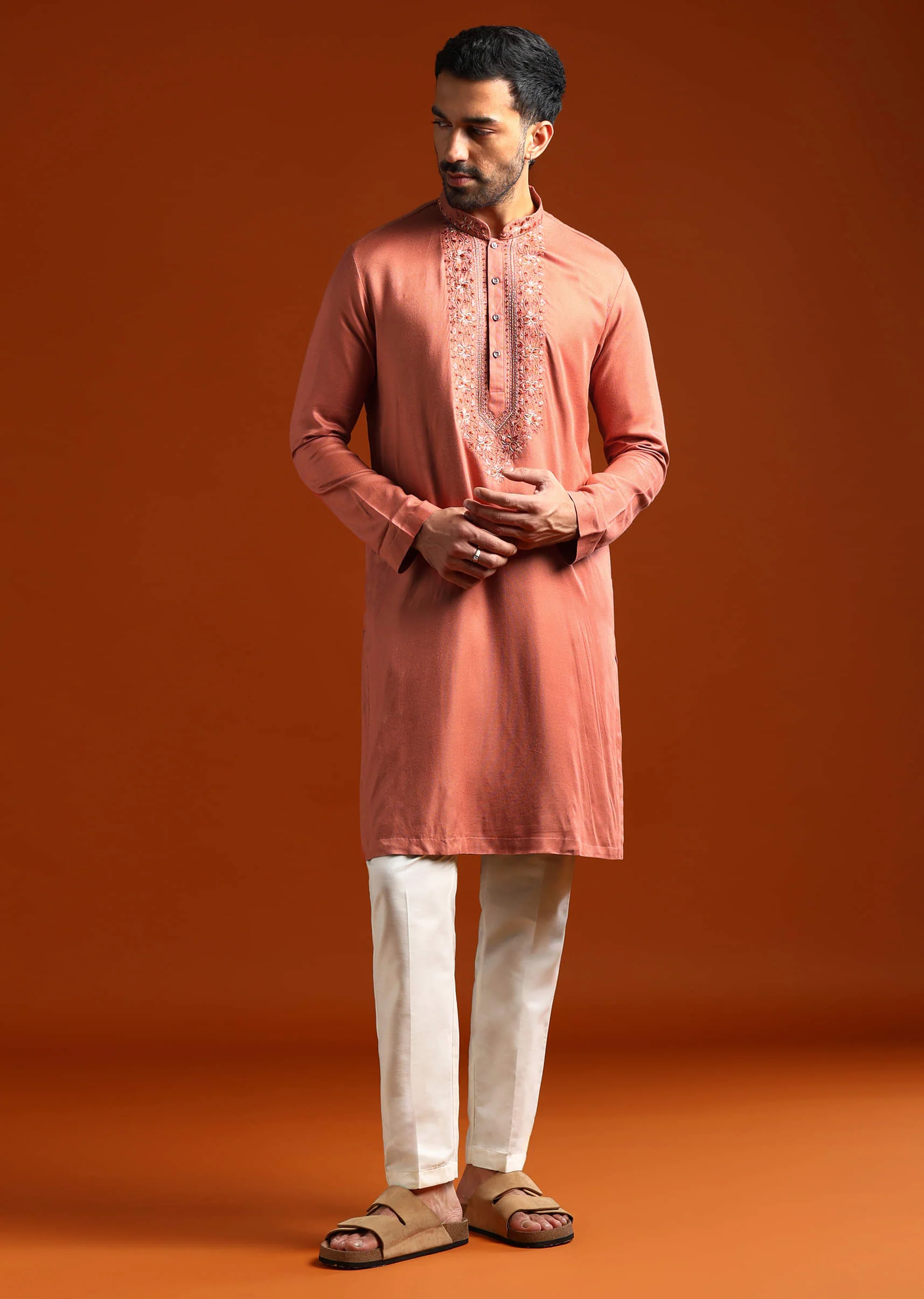 Orange Modal Kurta Set For Men With Thread Work - Image 4