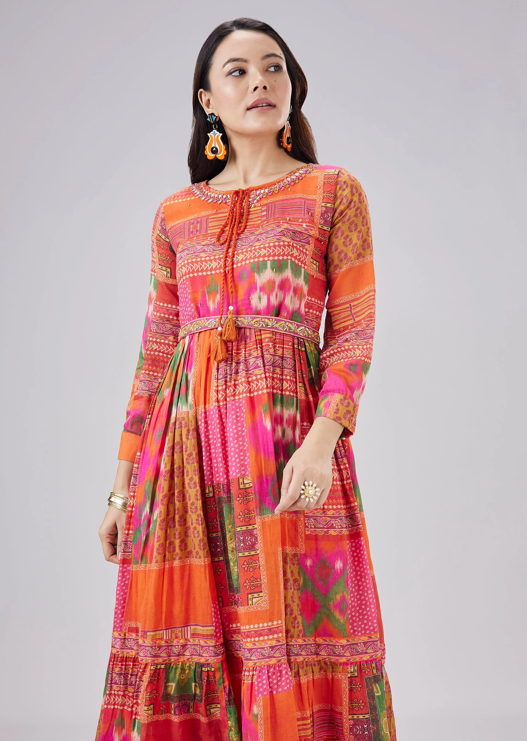 Orange Printed Cotton Dress With Belt - Image 4