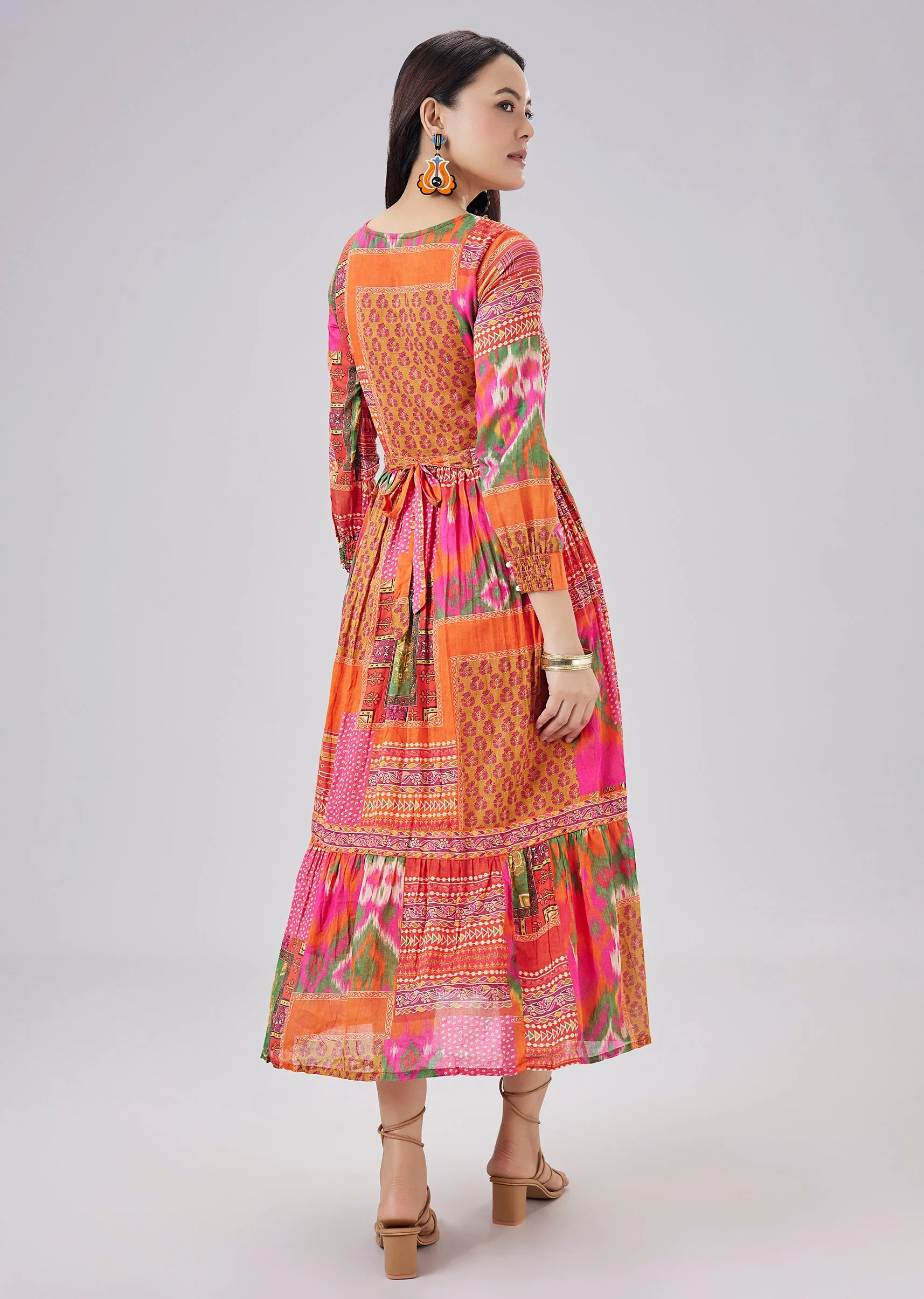 Orange Printed Cotton Dress With Belt - Image 5