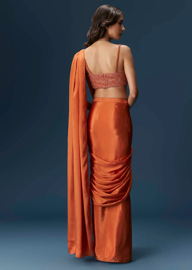 Orange Ready Pleated Saree With Square Neck Blouse - Image 2