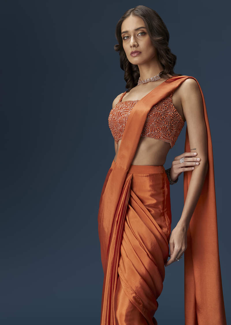 Orange Ready Pleated Saree With Square Neck Blouse - Image 3